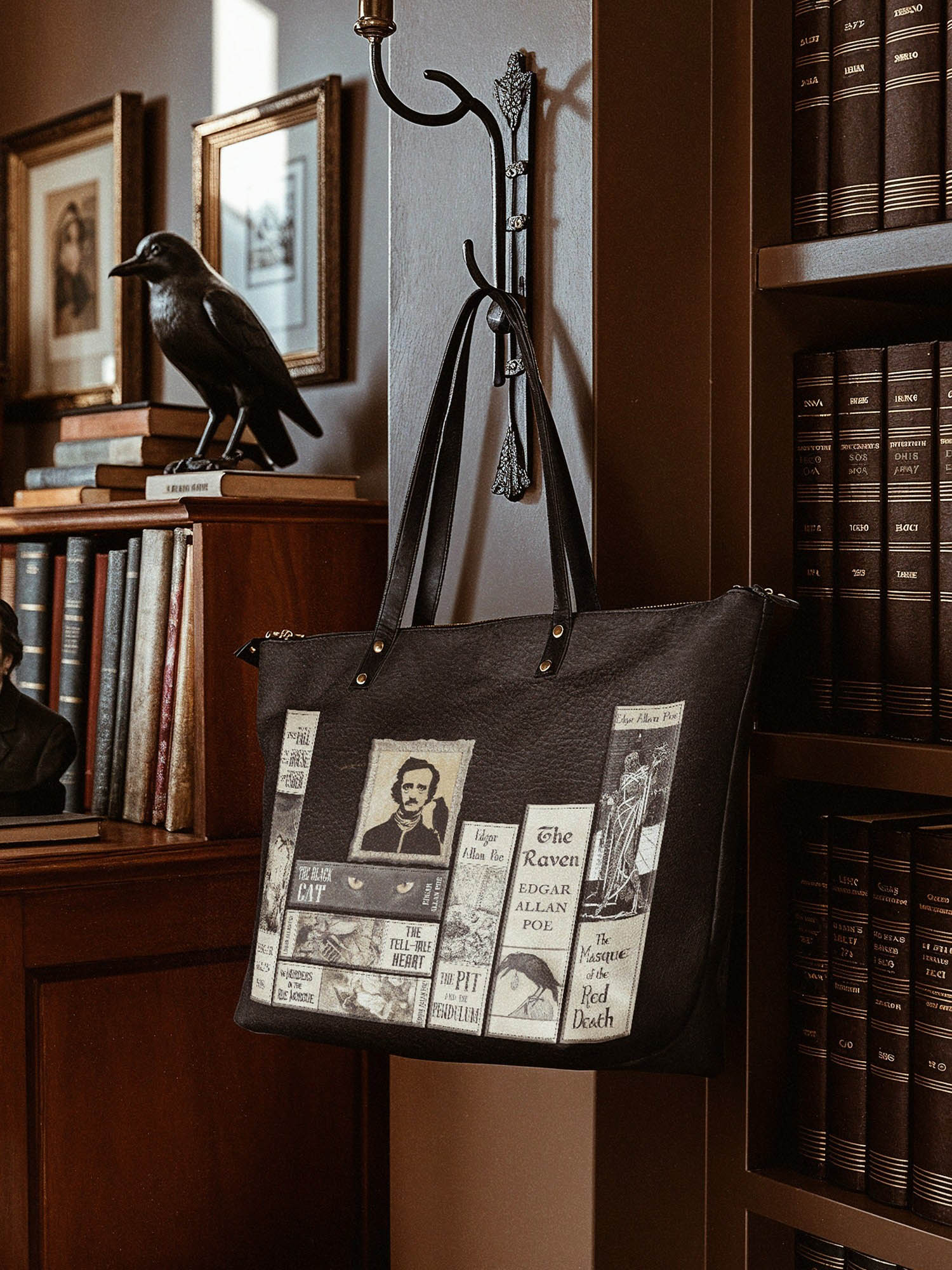 "Poe's Library" Ashen Black Leather Tote Bag Deal