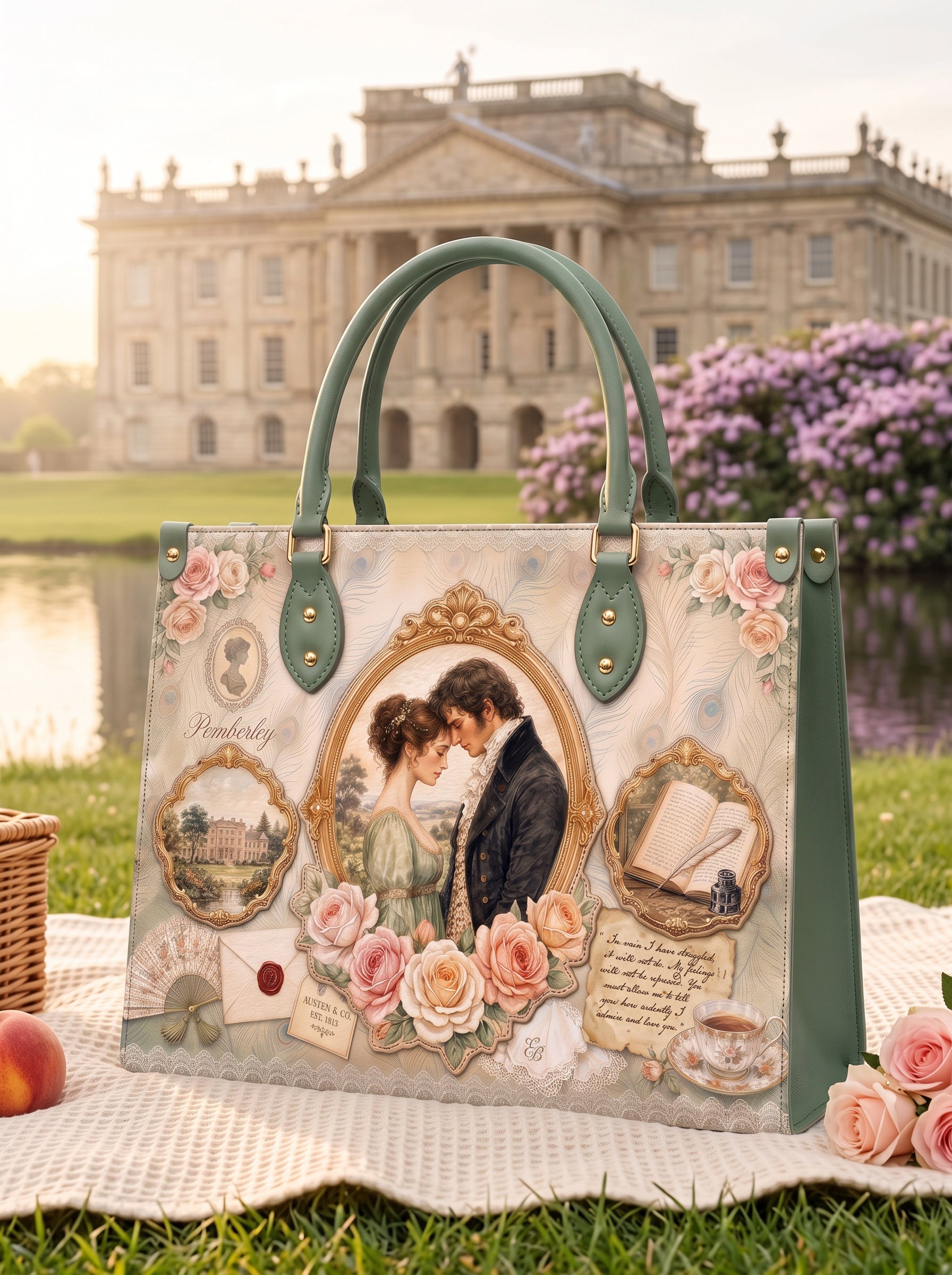 “Austen's Quill” Applique Leather Handbag
