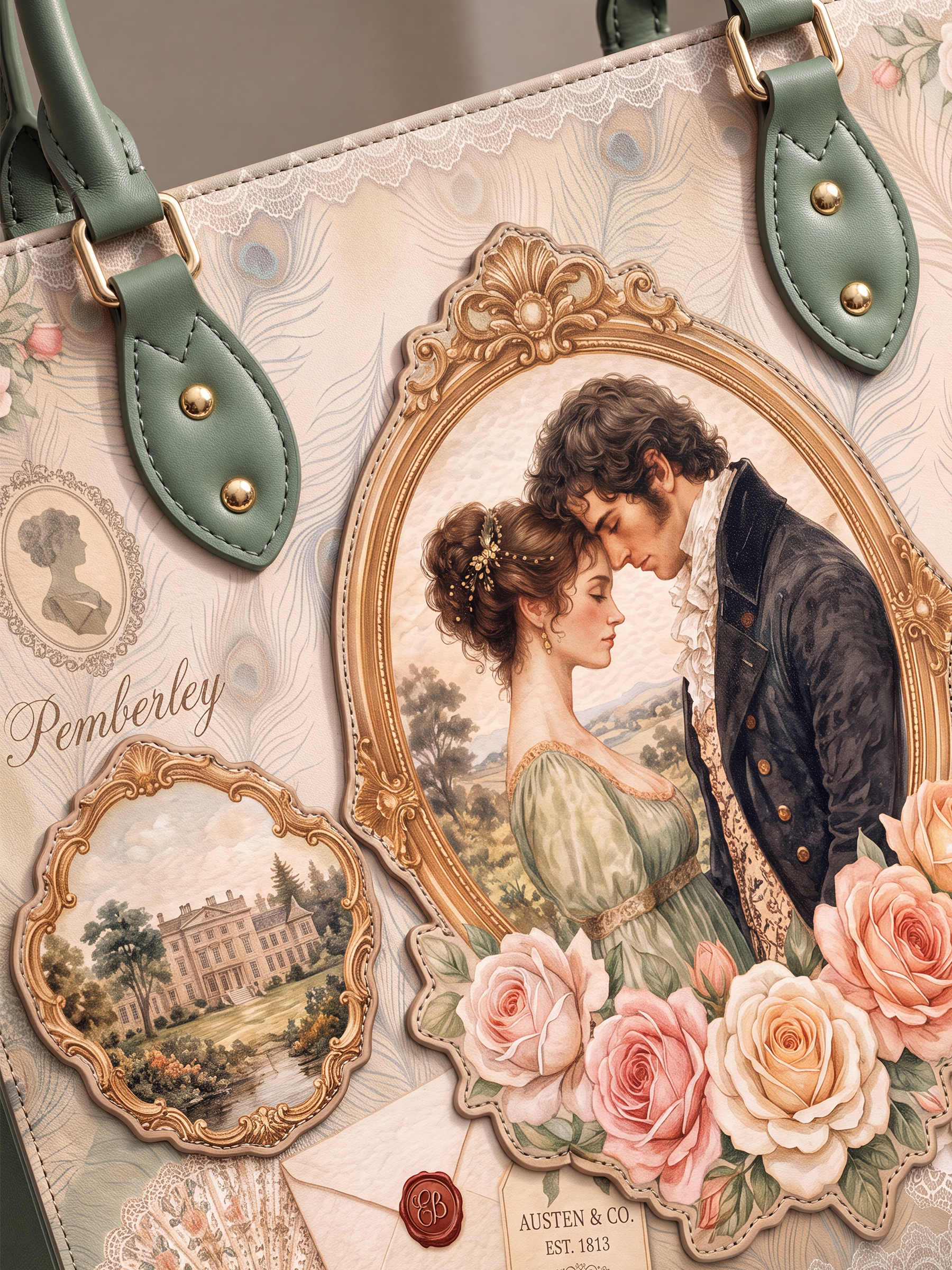“Austen's Quill” Applique Leather Handbag