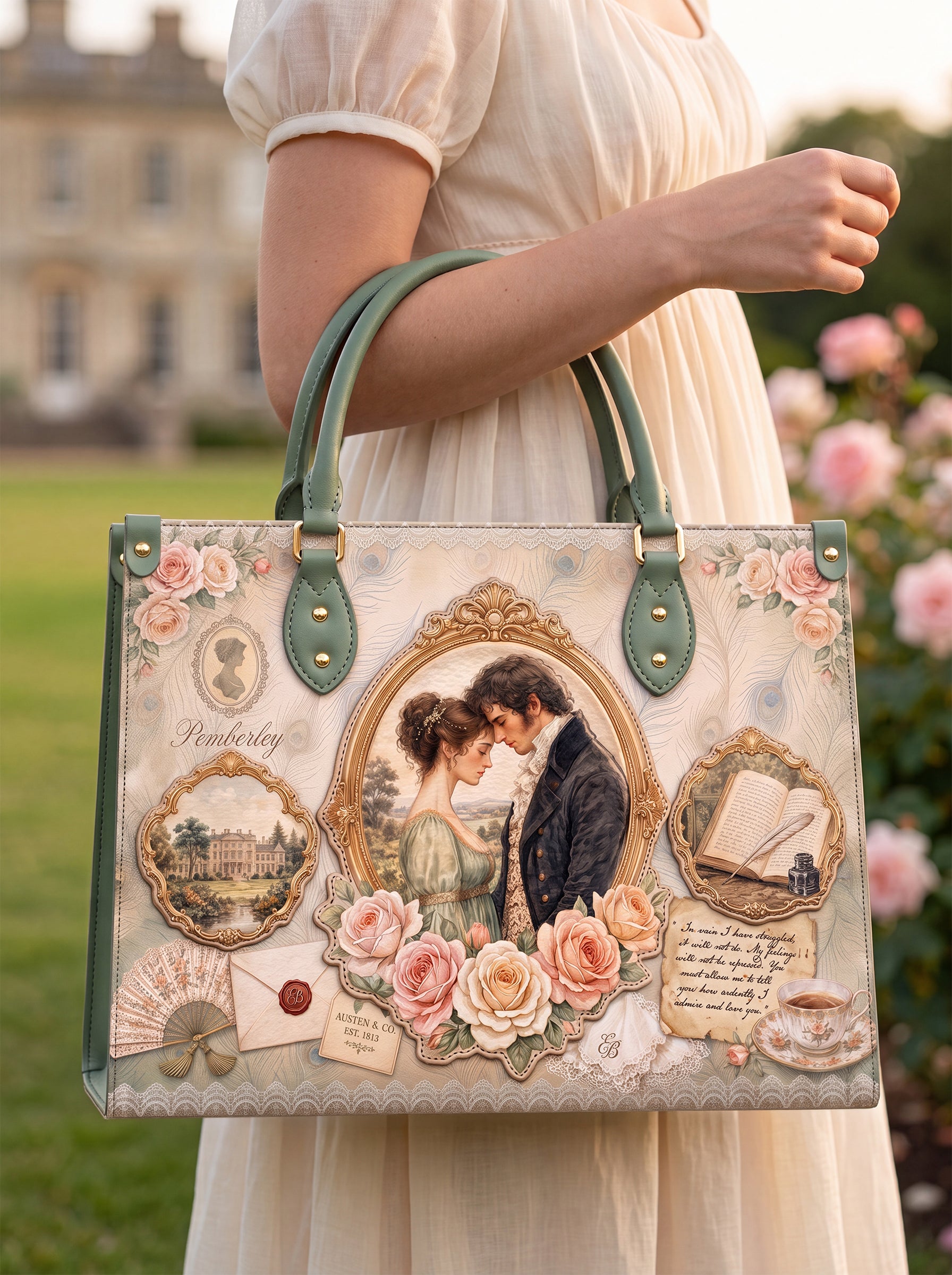 “Austen's Quill” Applique Leather Handbag