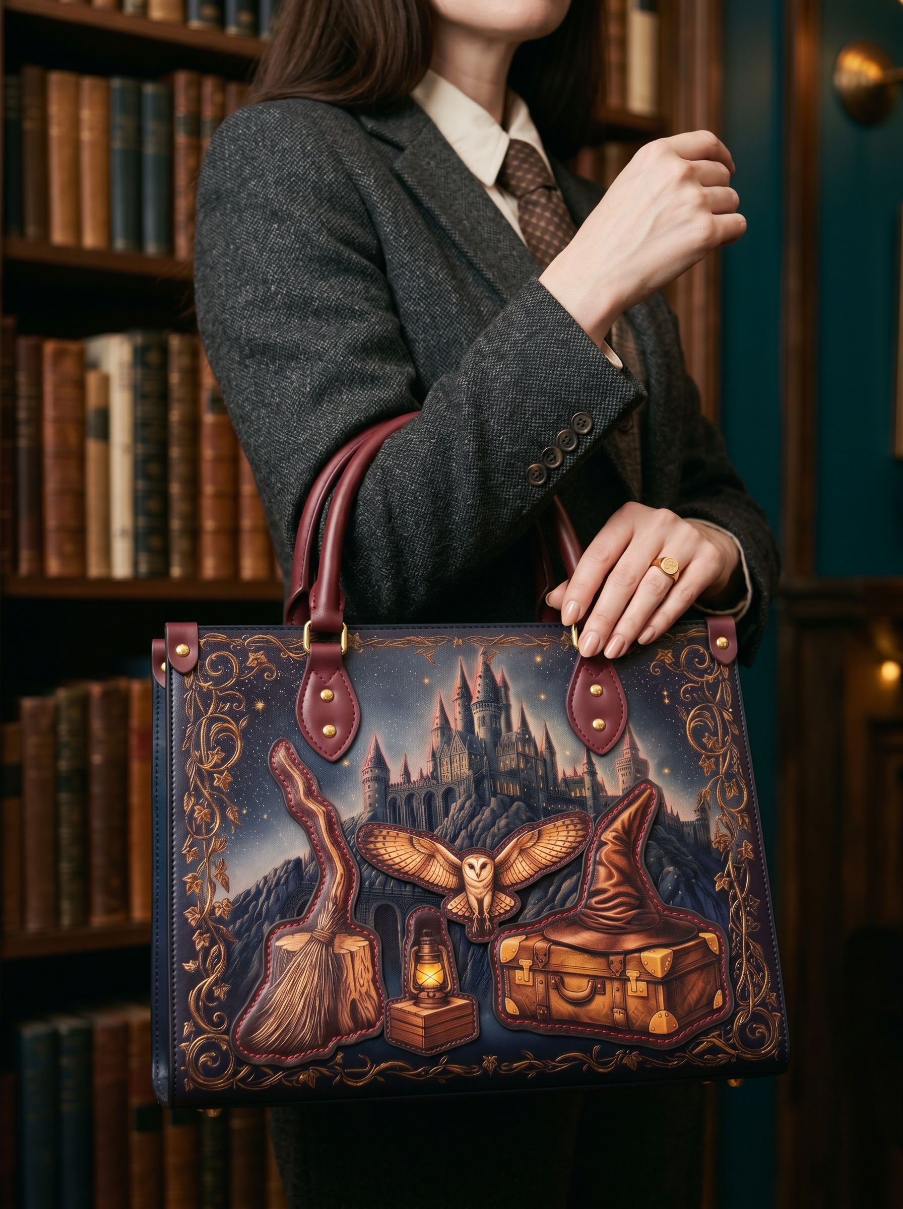 “Owl Post” Applique Leather Handbag