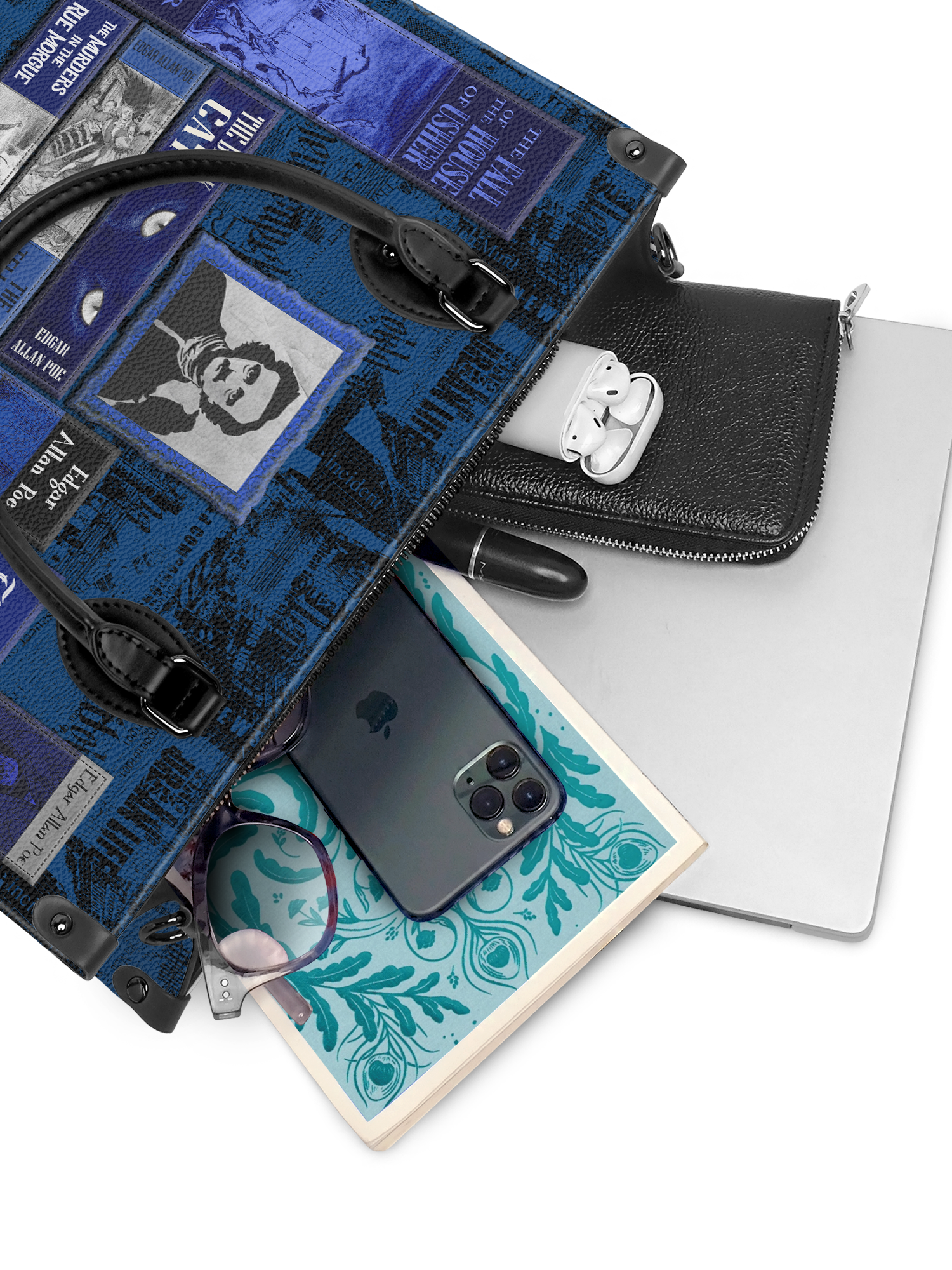"Poe's Library" Midnight Ink - Black Interior - Leather Handbag