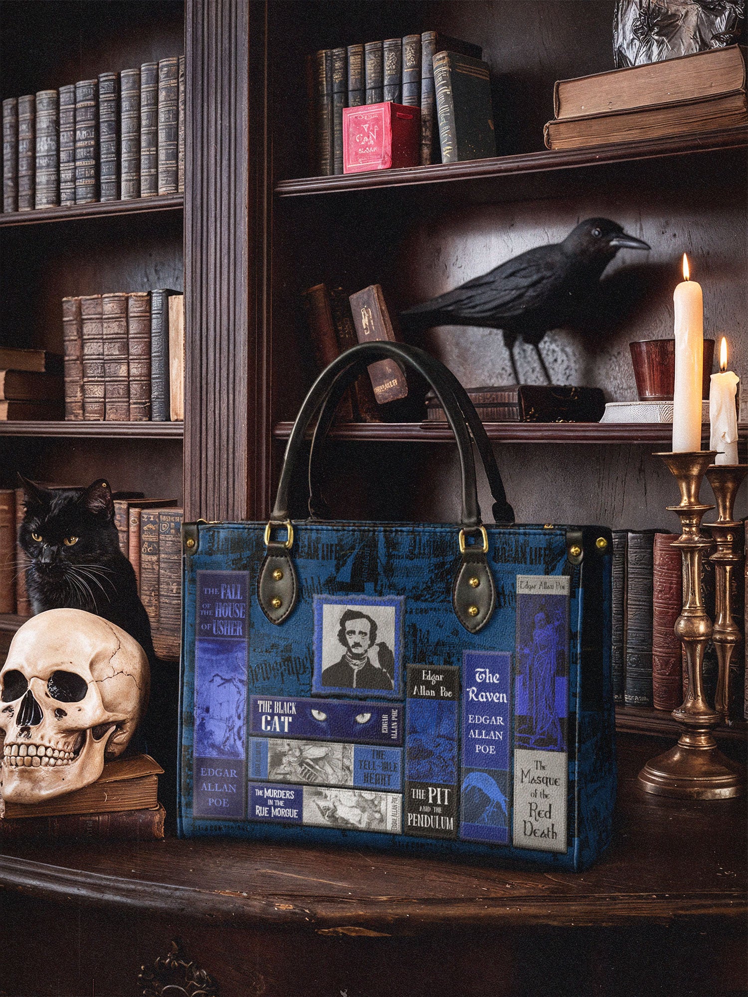 "Poe's Library" Midnight Ink Leather Handbag