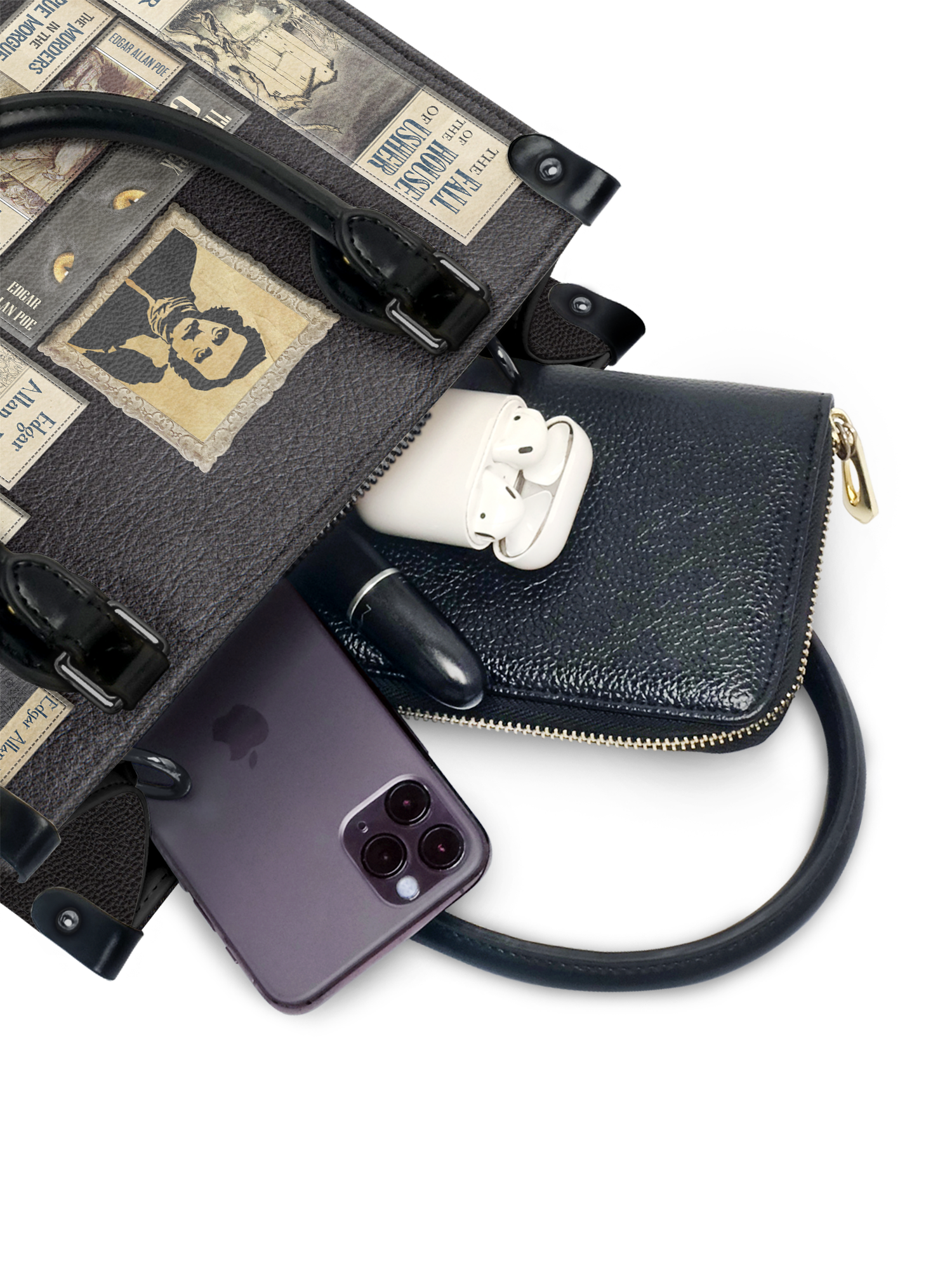 "Poe's Library" Ashen Black - Black Interior - Small Leather Handbag