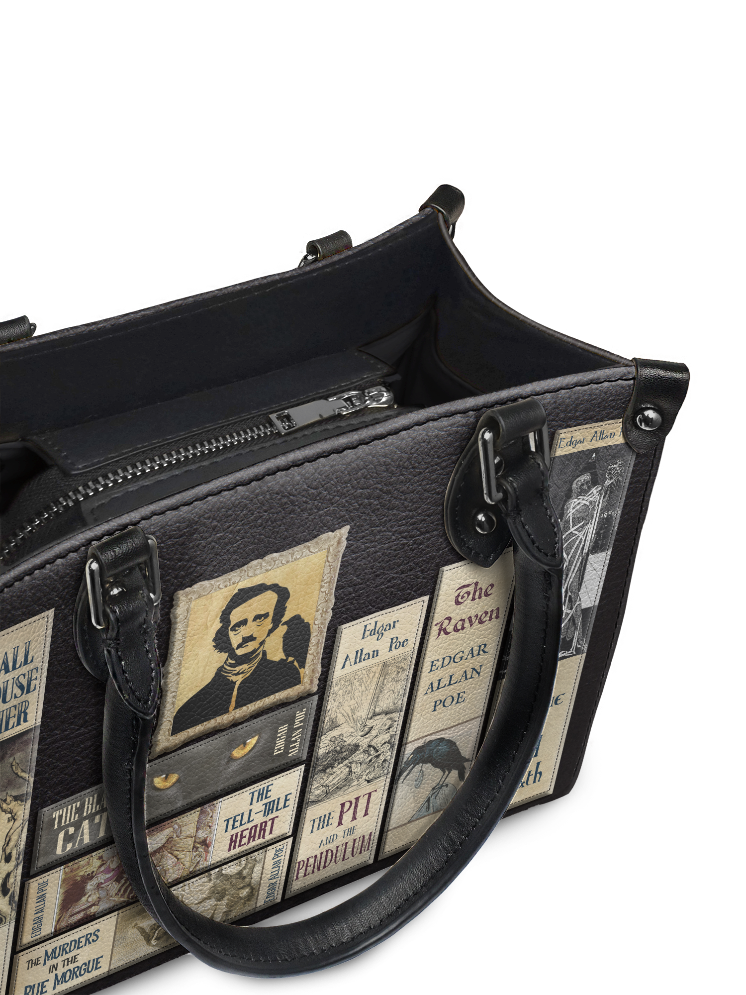 "Poe's Library" Ashen Black - Black Interior - Small Leather Handbag