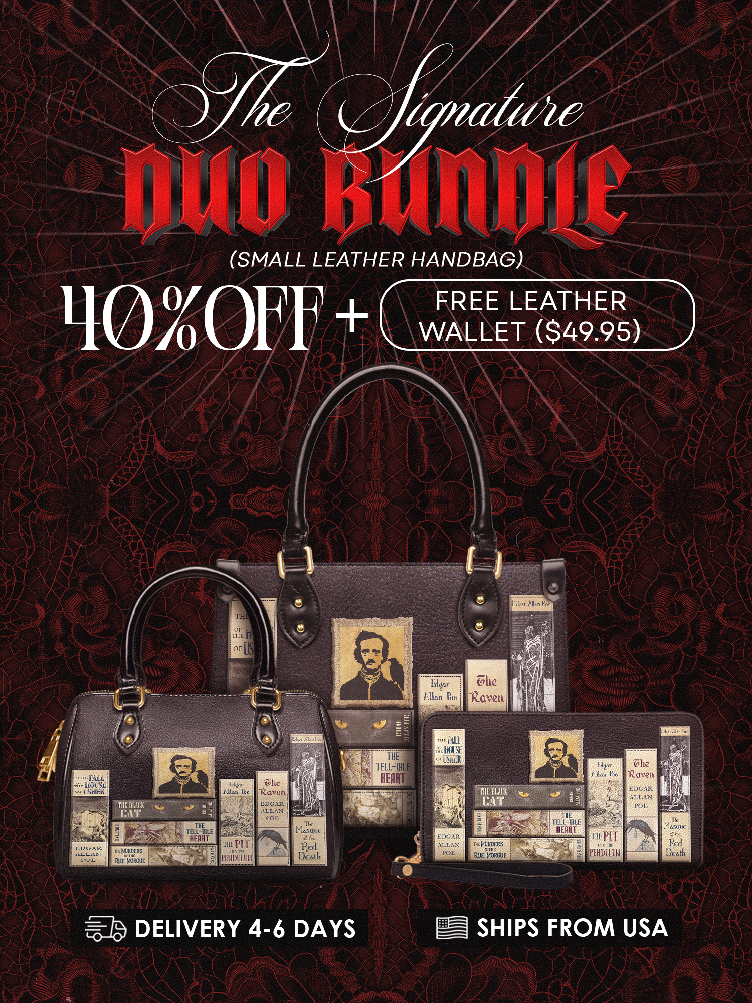 "Poe's Library" Ashen Black The Signature Duo Bundle (Small Leather Handbag)
