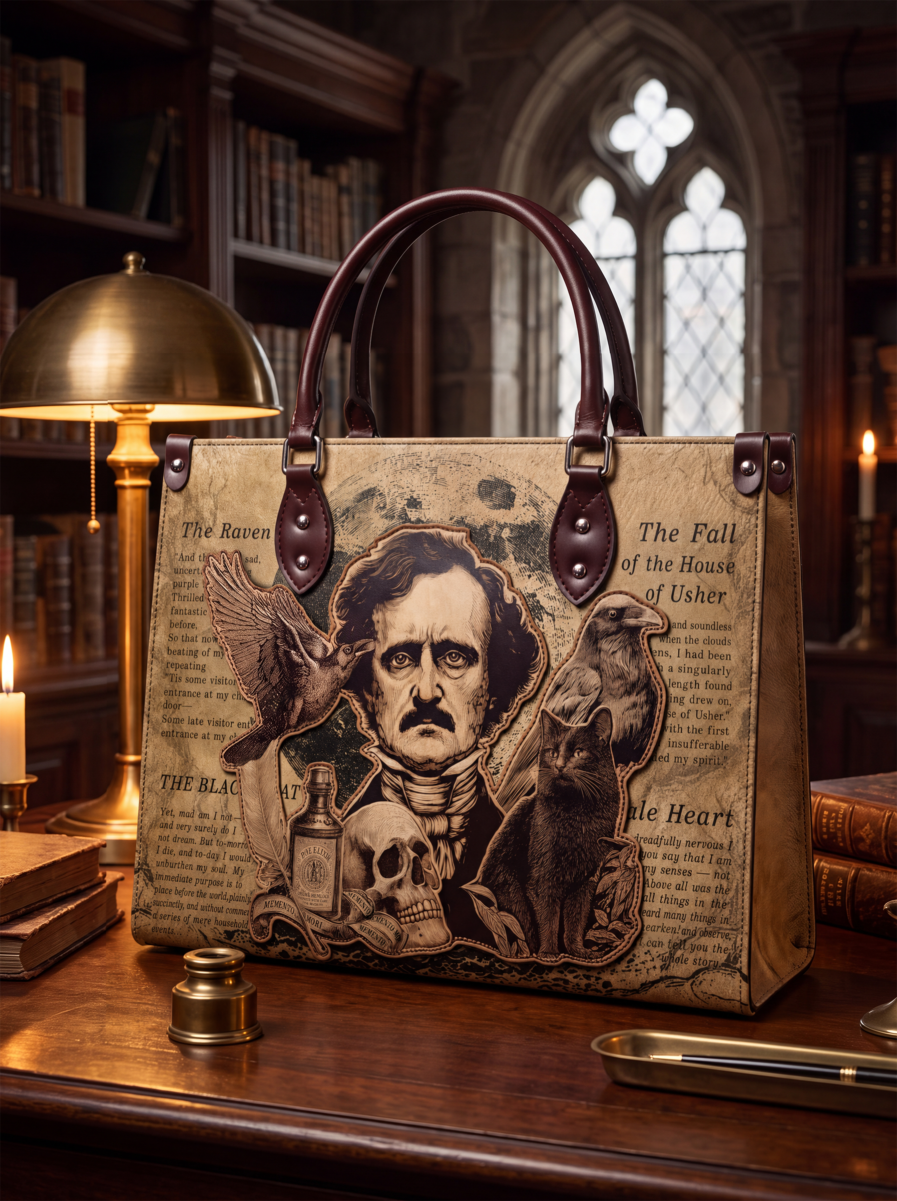 "Poe's Anthology" Applique Leather Handbag
