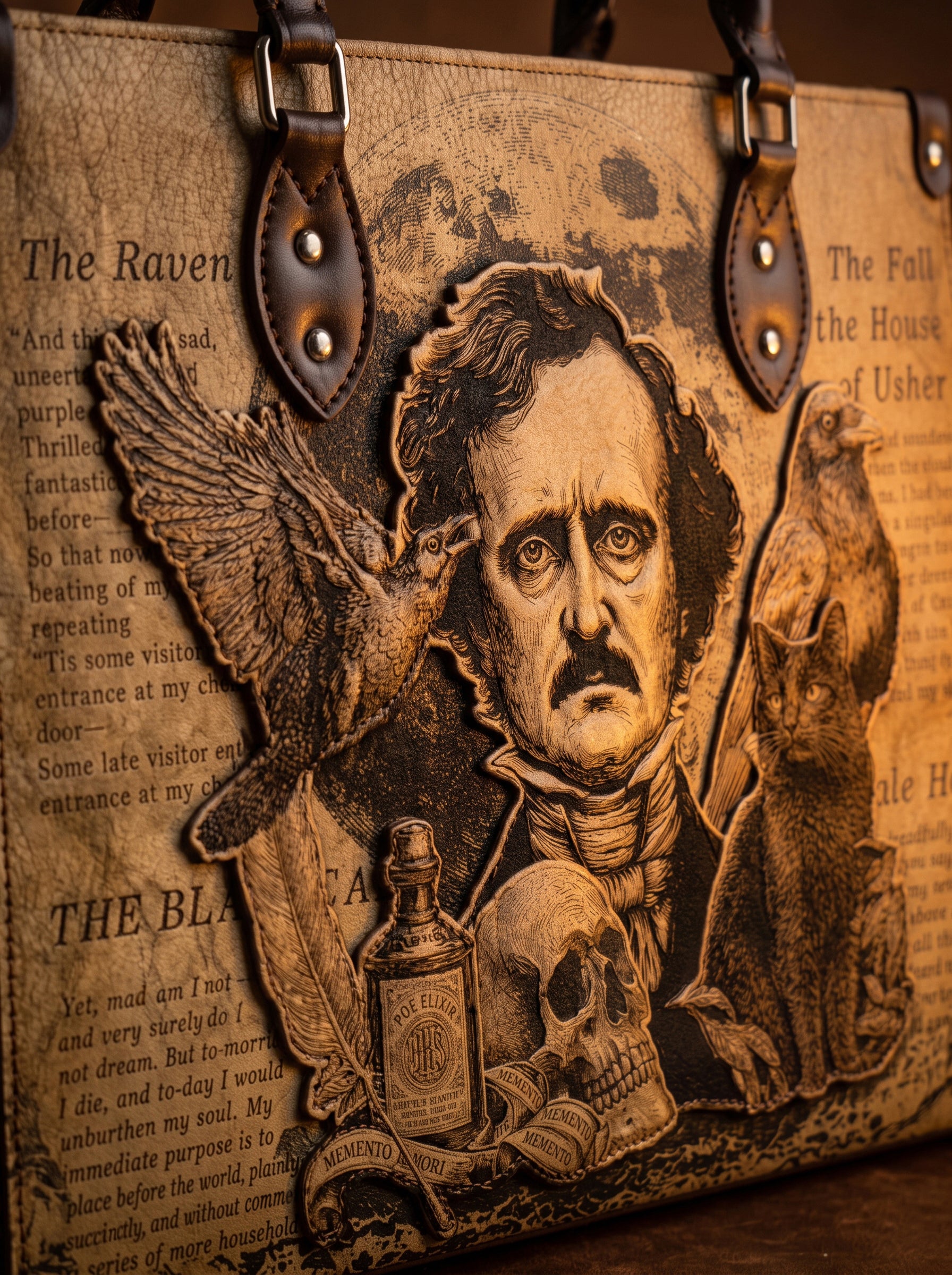 "Poe's Anthology" Applique Leather Handbag