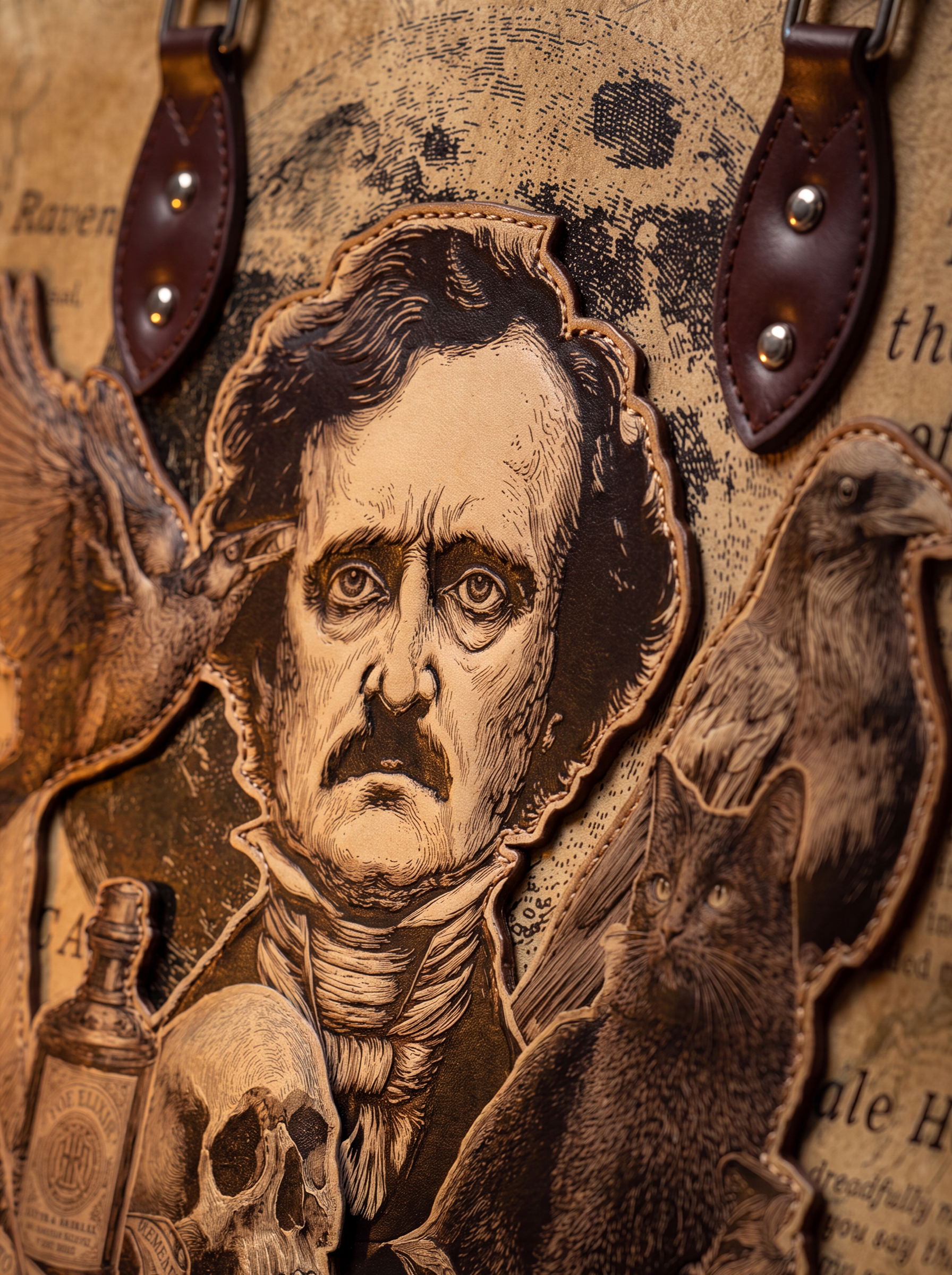 "Poe's Anthology" Applique Leather Handbag