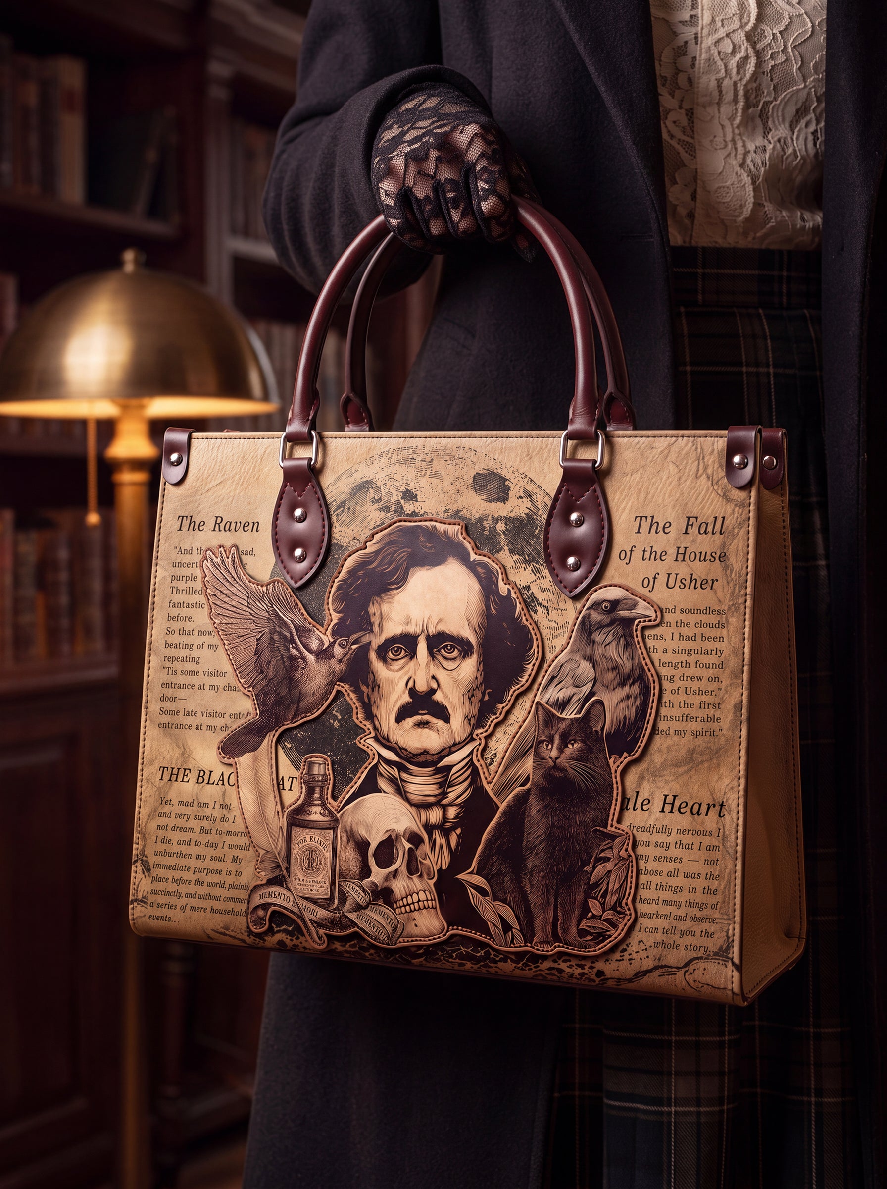 "Poe's Anthology" Applique Leather Handbag