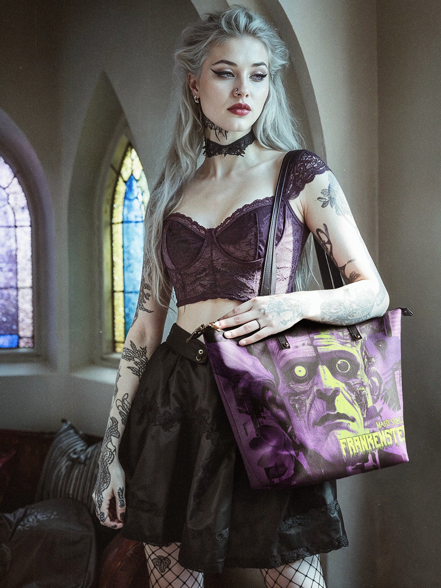 "Frankenstein" Lablight Violet Leather Tote Bag