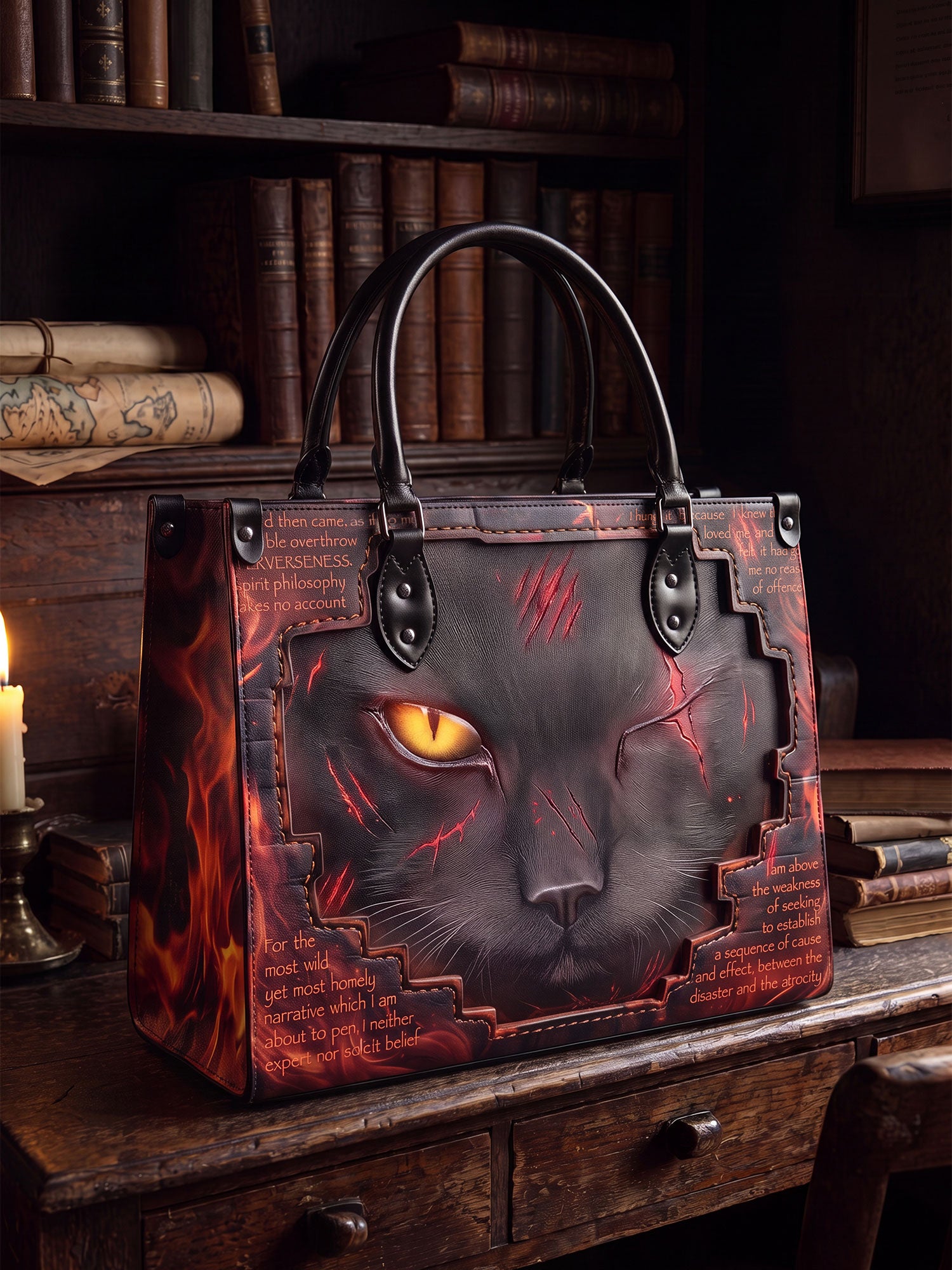 "The Black Cat" Hellfire Red Applique Leather Handbag
