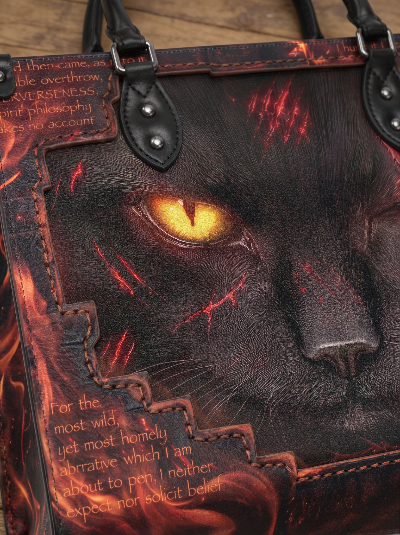 "The Black Cat" Hellfire Red Applique Leather Handbag