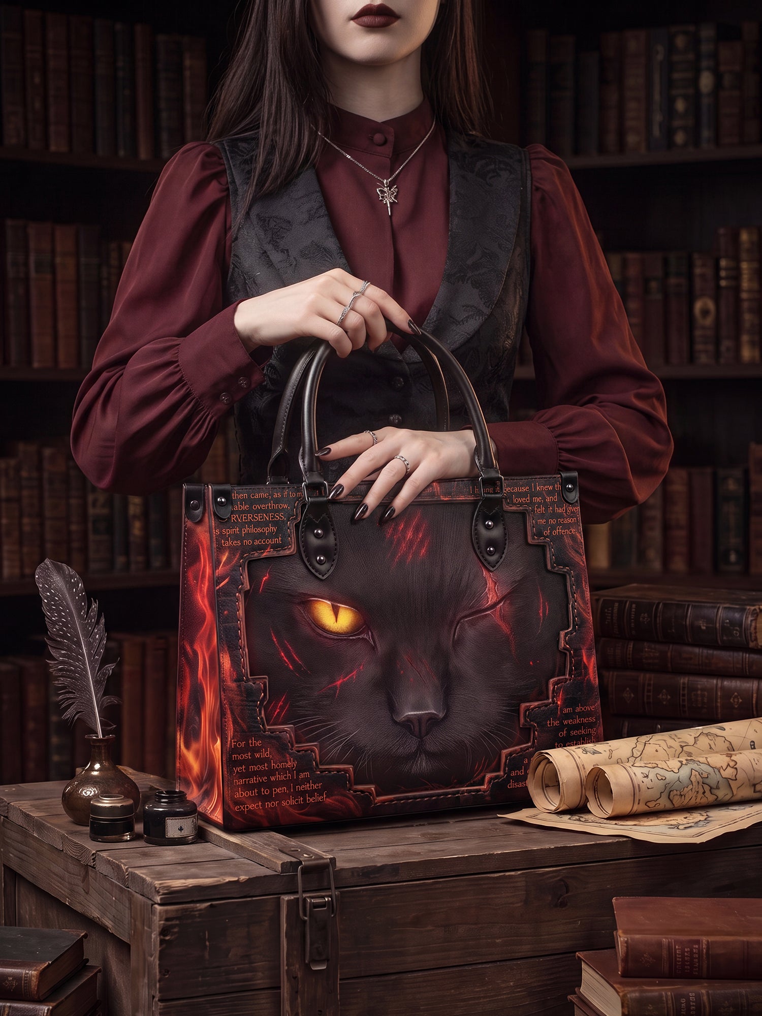"The Black Cat" Hellfire Red Applique Leather Handbag