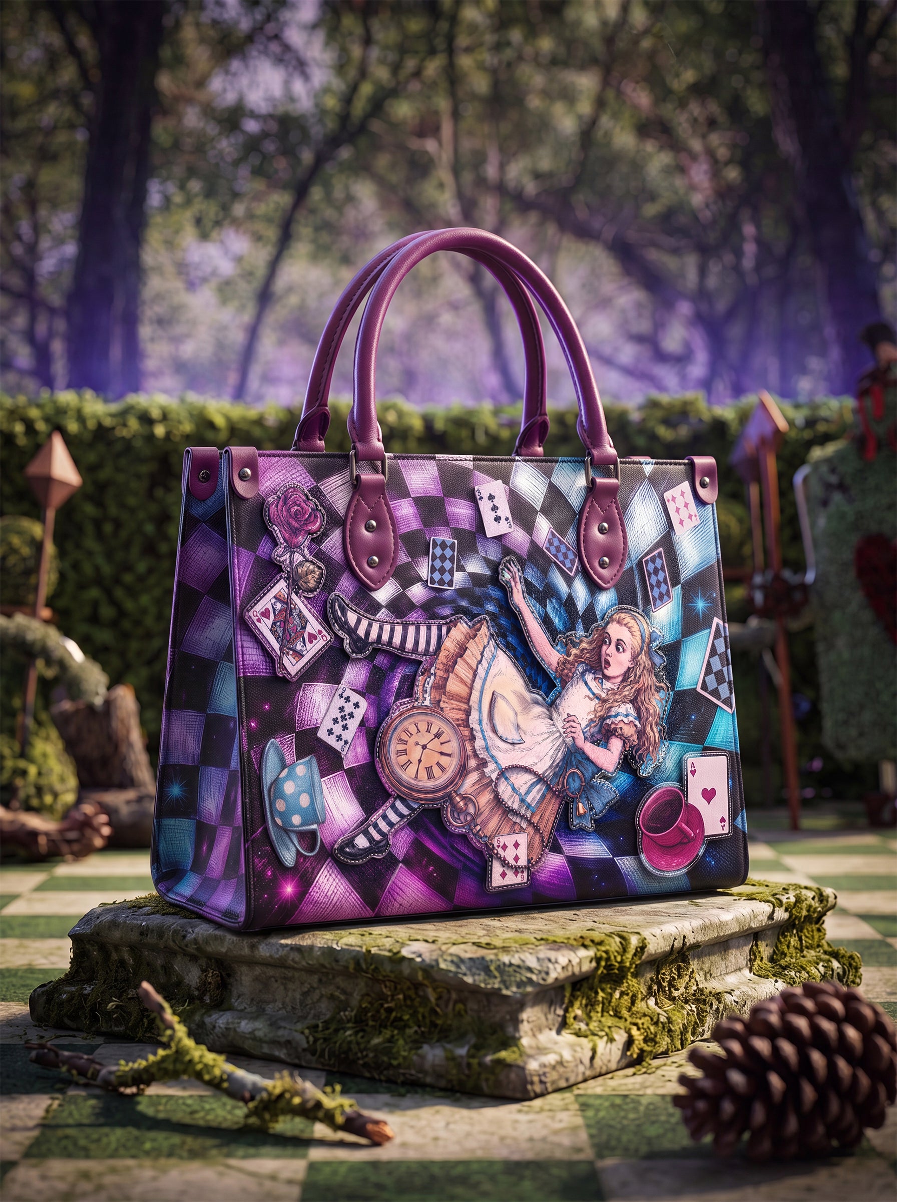 “Through The Looking-Glass” Applique Leather Handbag