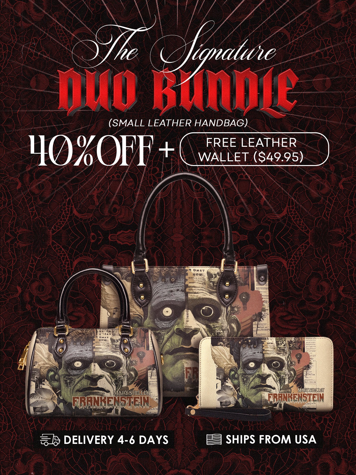 "Frankenstein" Old Parchment The Signature Duo Bundle (Small Leather Handbag)