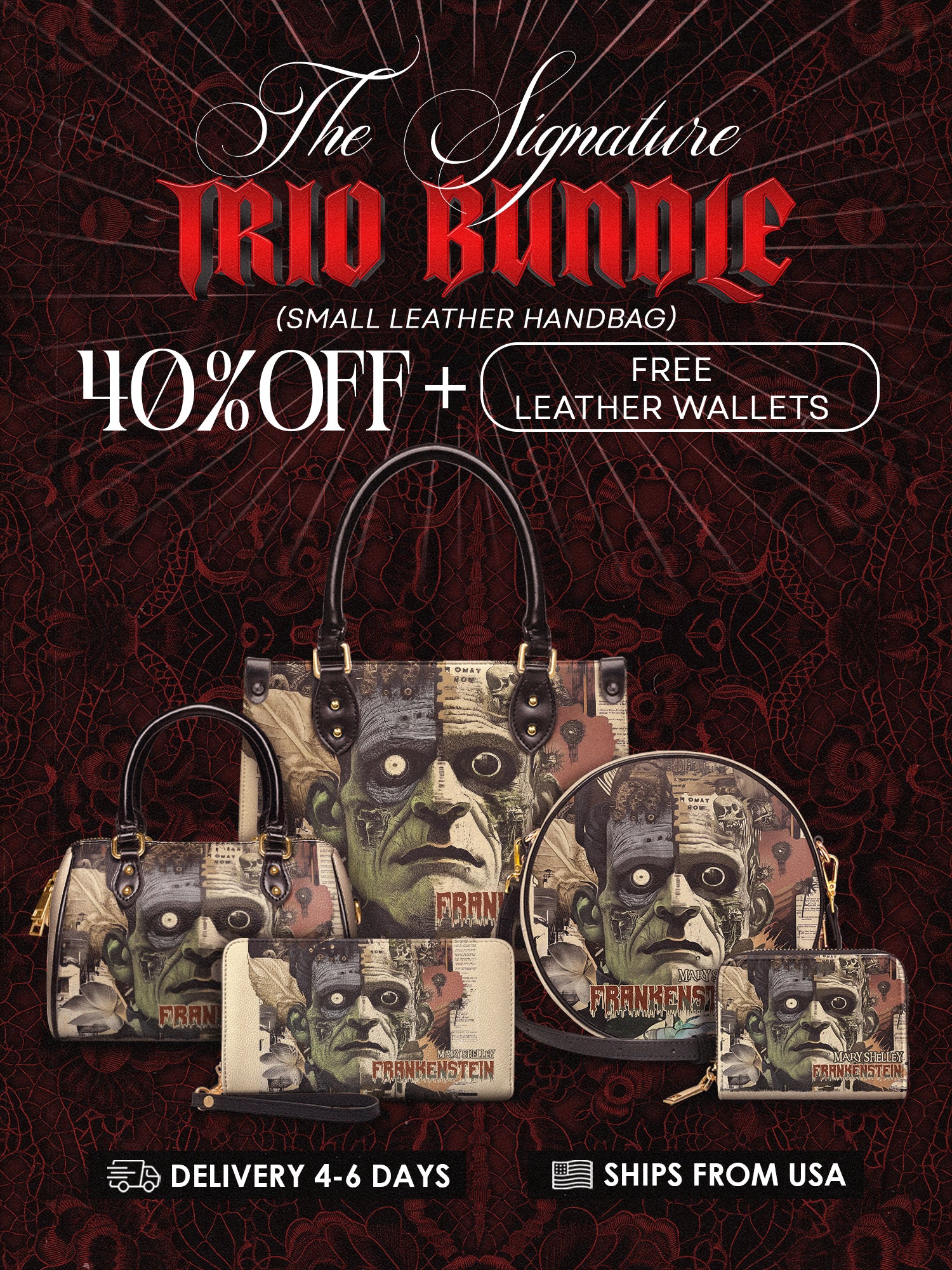 "Frankenstein" Old Parchment The Signature Trio Bundle (Small Leather Handbag)