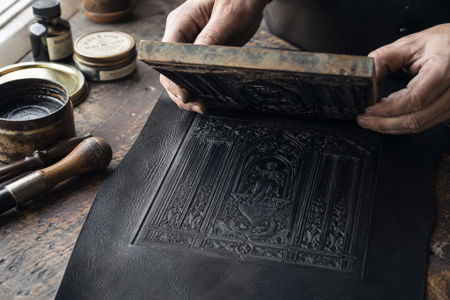Lifting a press plate off printed leather