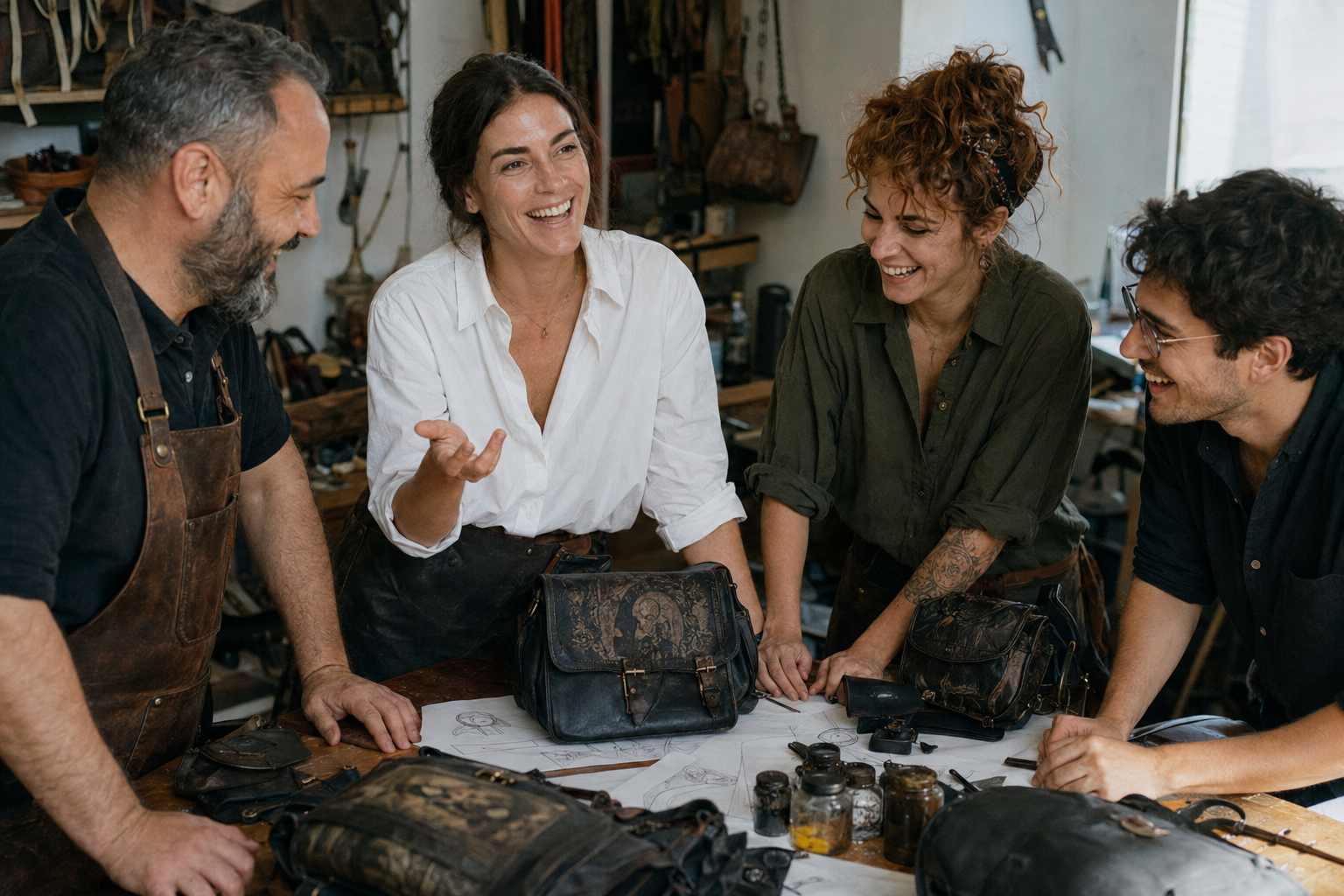 The Maraies team laughing around the worktable