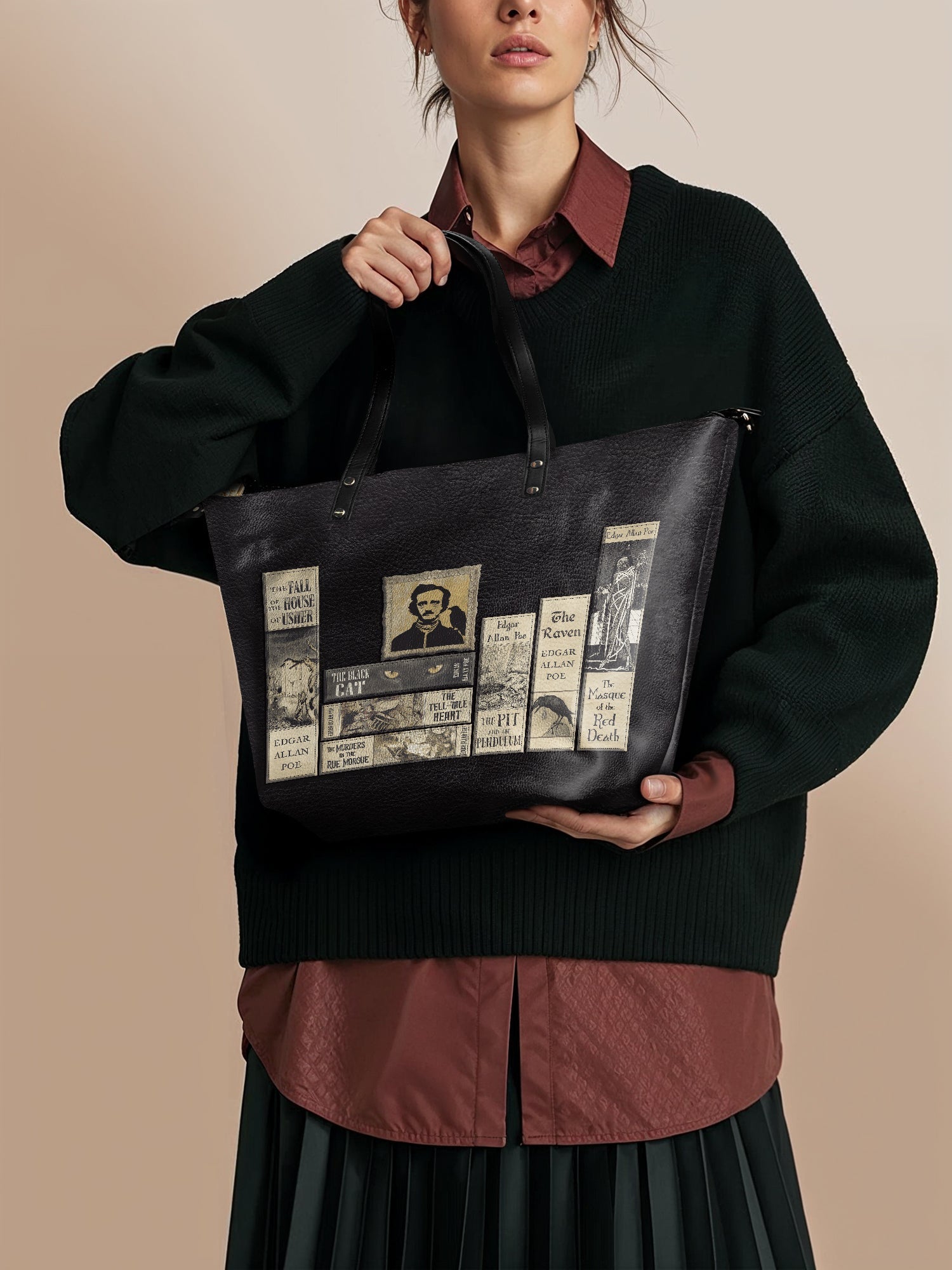 "Poe's Library" Ashen Black Leather Tote Bag Deal