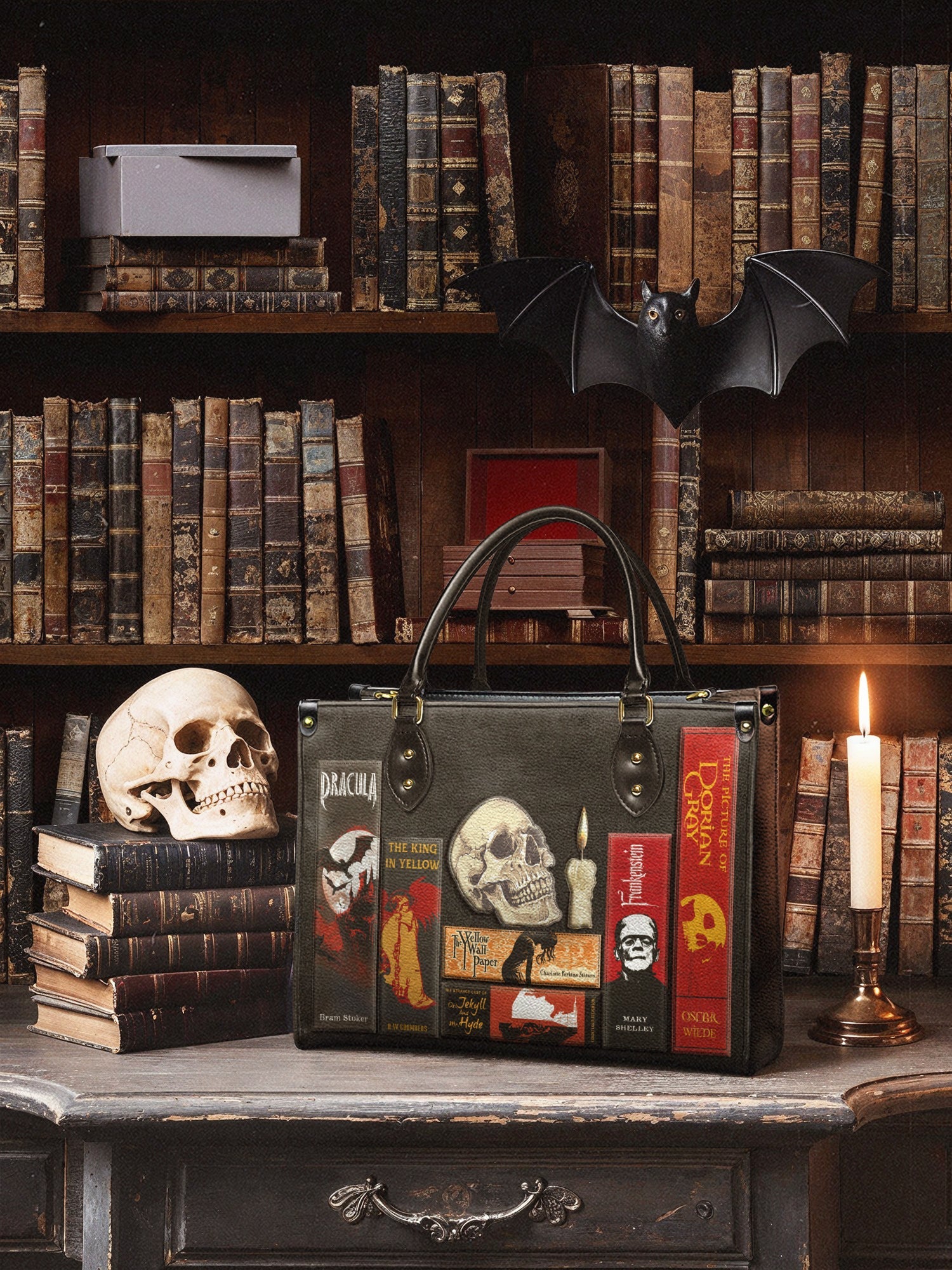 "The Codex of Gothic Tales" Deadlight Black Leather Handbag