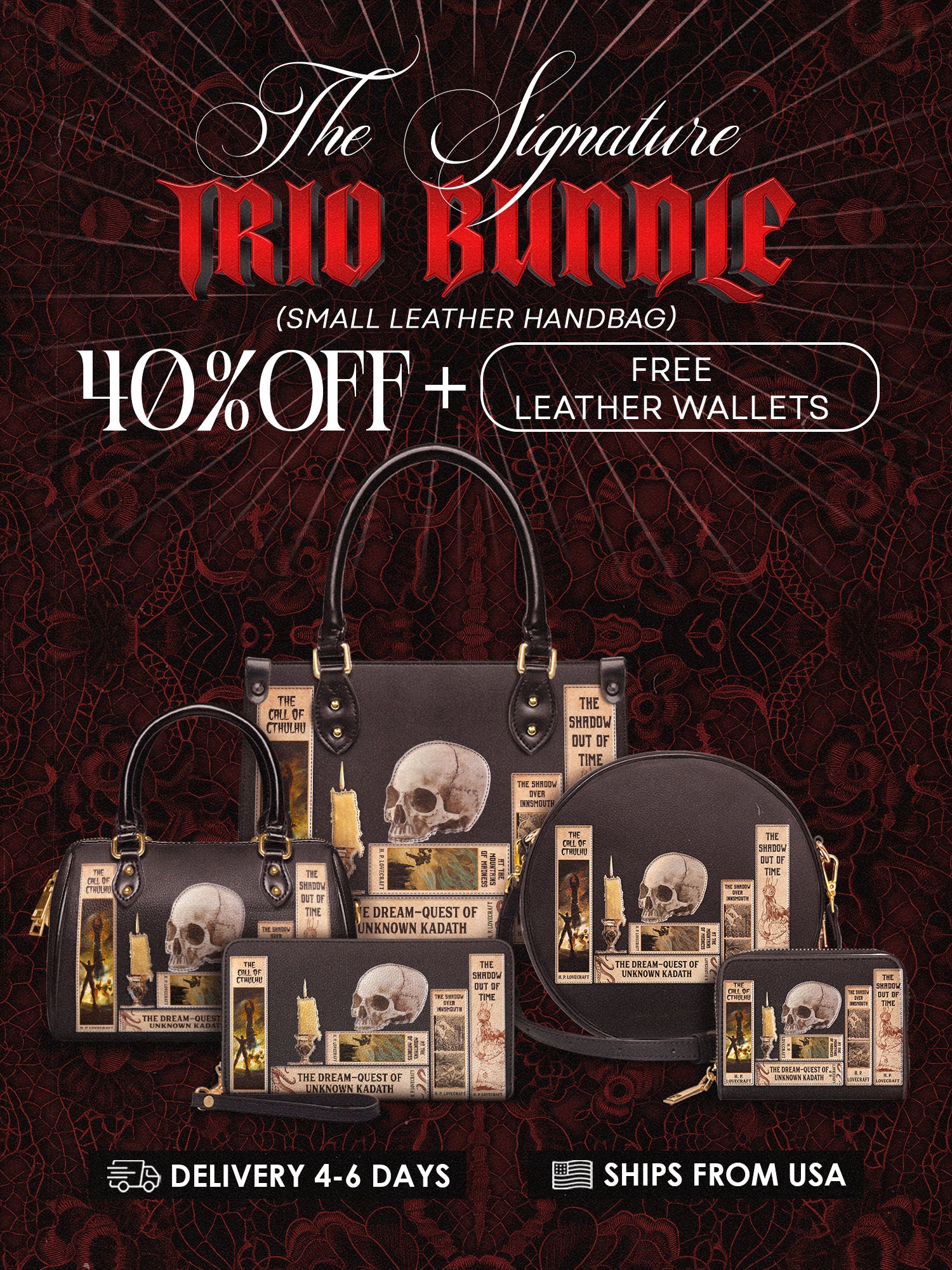 Lovecraftian Black The Signature Trio Bundle (Small Leather Handbag)