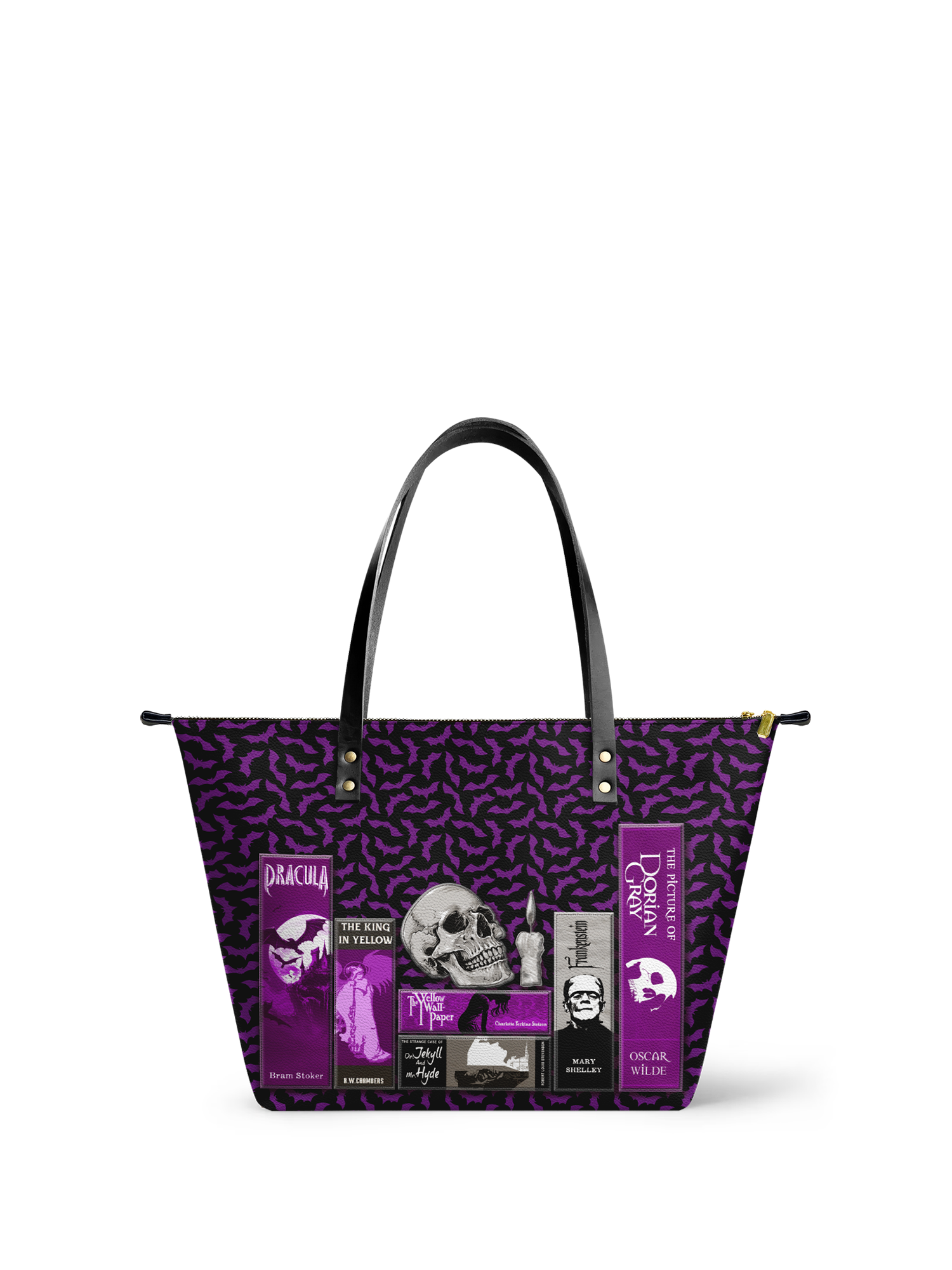 "The Codex of Gothic Tales" Violet Echo Leather Tote Bag
