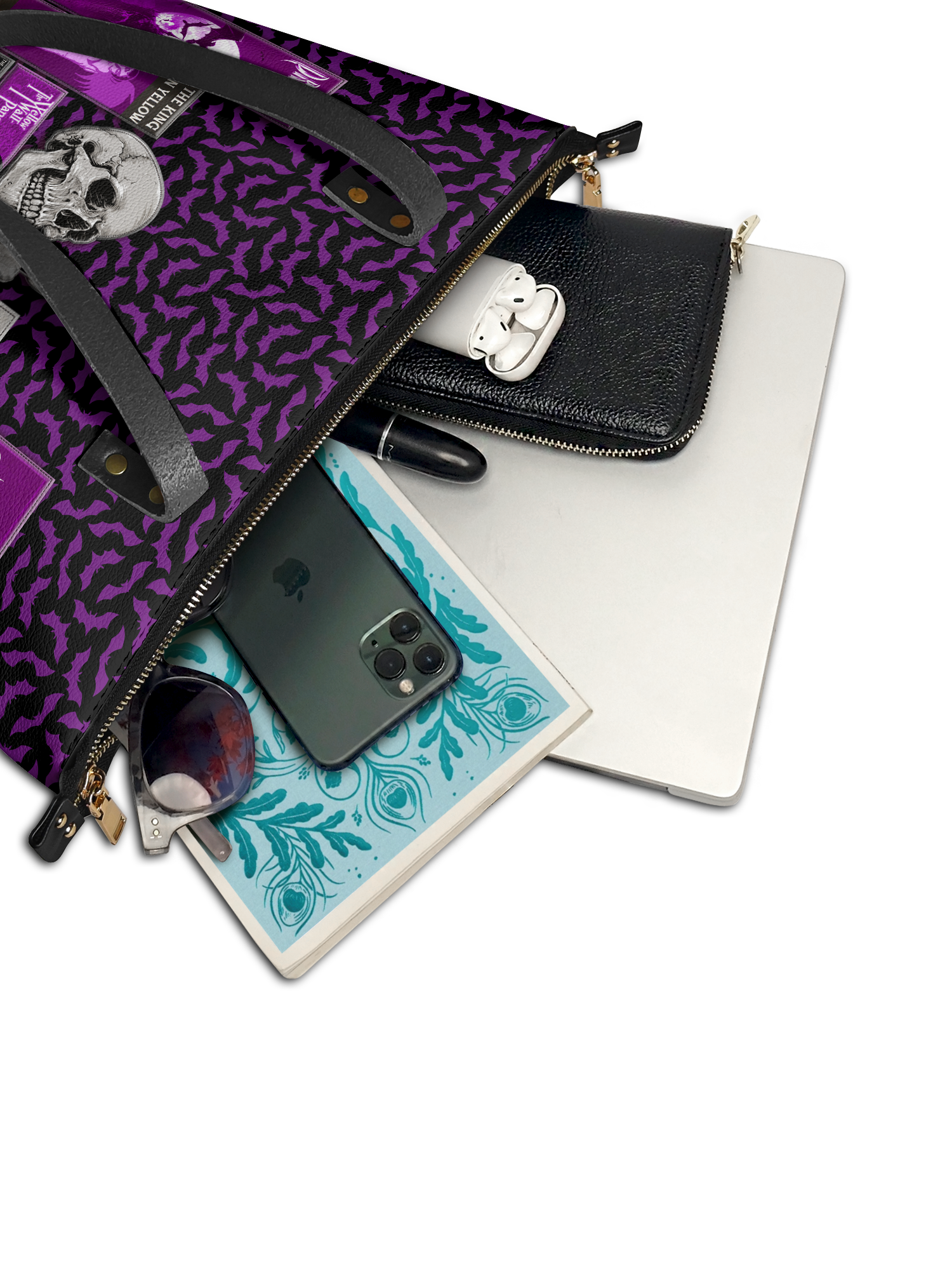 "The Codex of Gothic Tales" Violet Echo Leather Tote Bag