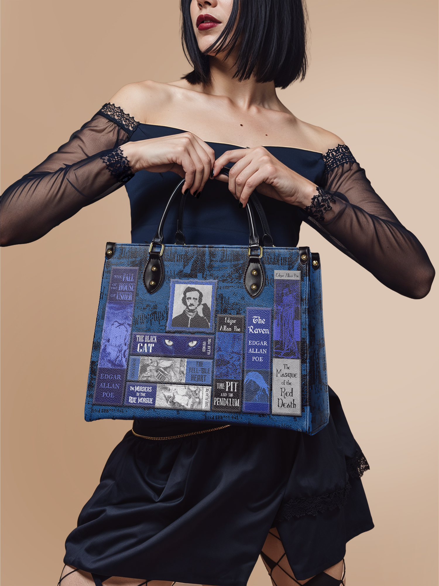 "Poe's Library" Midnight Ink Leather Handbag