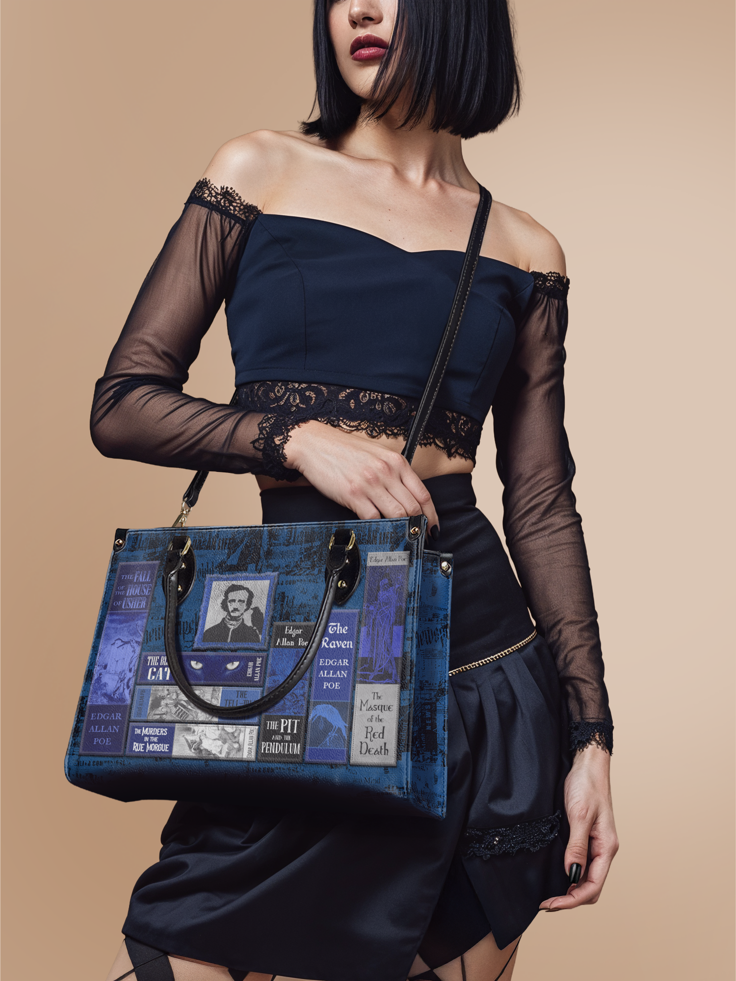 "Poe's Library" Midnight Ink Leather Handbag