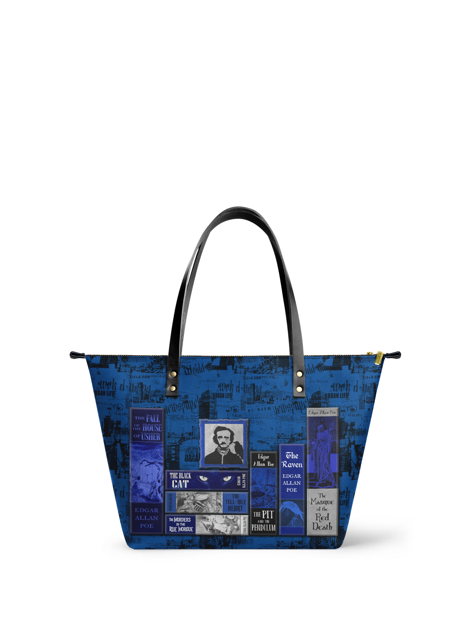 "Poe's Library" Midnight Ink Leather Tote Bag
