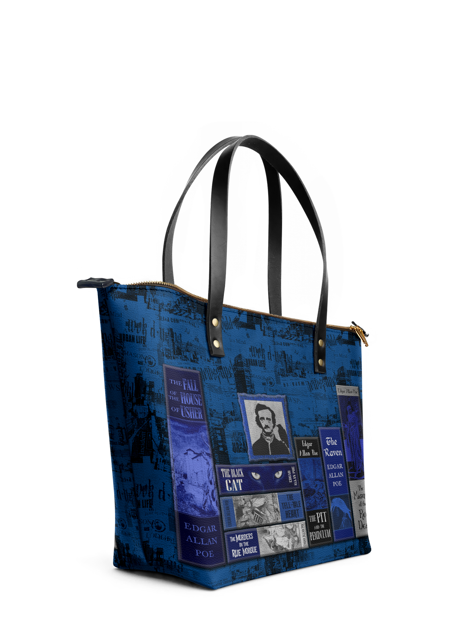 "Poe's Library" Midnight Ink Leather Tote Bag