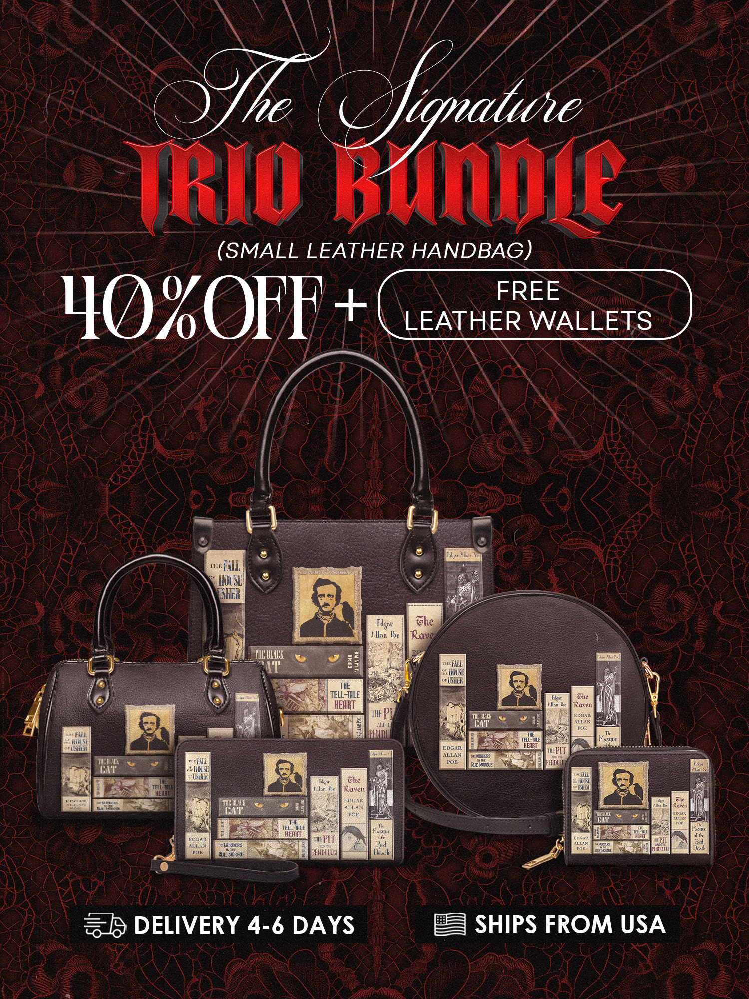 "Poe's Library" Ashen Black The Signature Trio Bundle (Small Leather Handbag)