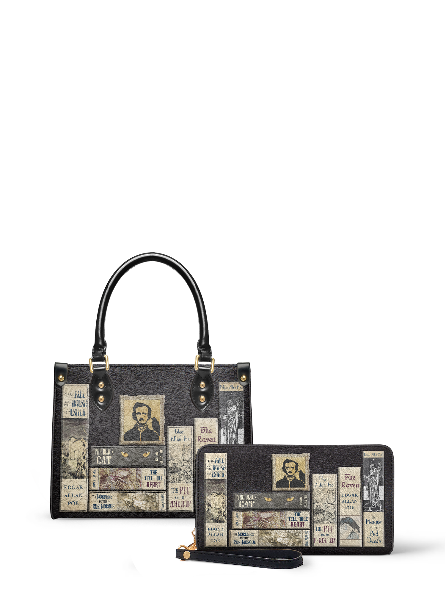 "Poe's Library" Ashen Black The Signature Duo Bundle (Small Leather Handbag)