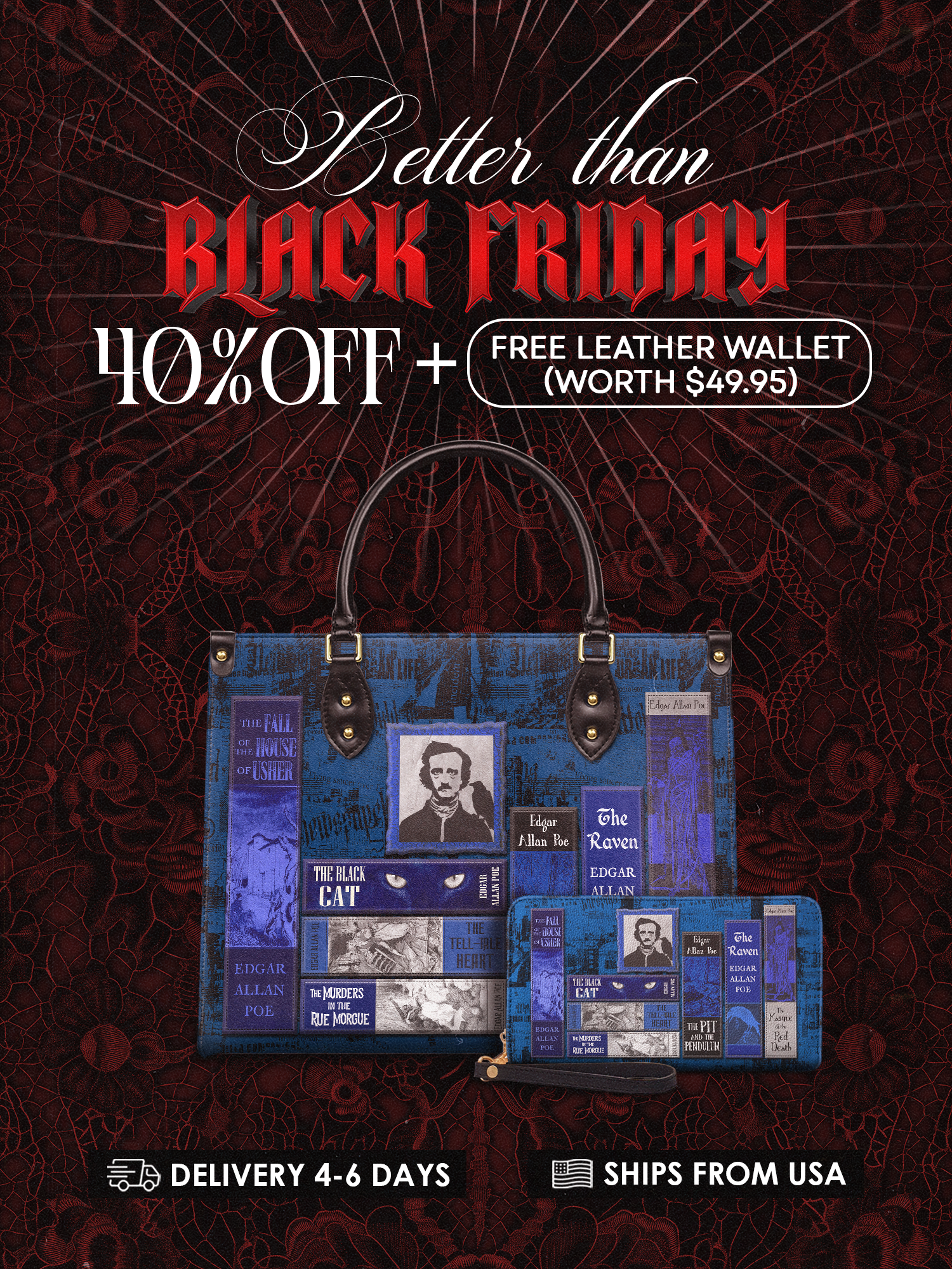 "Poe's Library" Midnight Ink Leather Handbag Deal