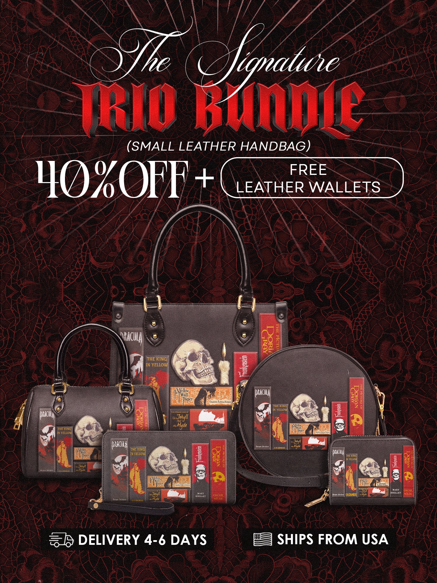 "The Codex of Gothic Tales" Deadlight Black The Signature Trio Bundle (Small Leather Handbag)