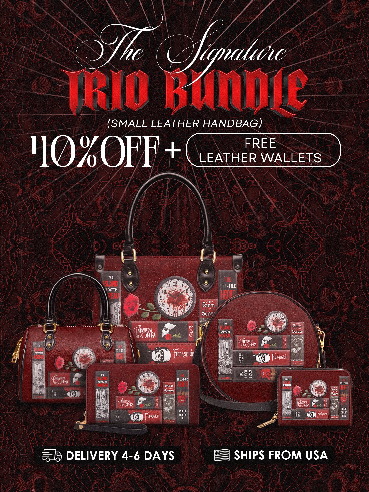 "The Crimson Codex" The Signature Trio Bundle (Small Leather Handbag)