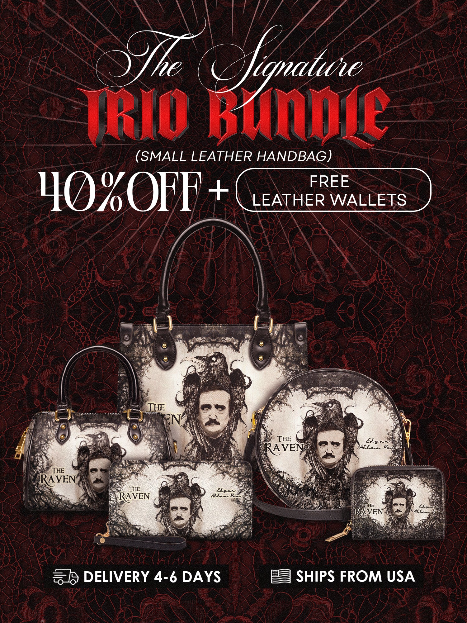 "The Raven" The Signature Trio Bundle (Small Leather Handbag)