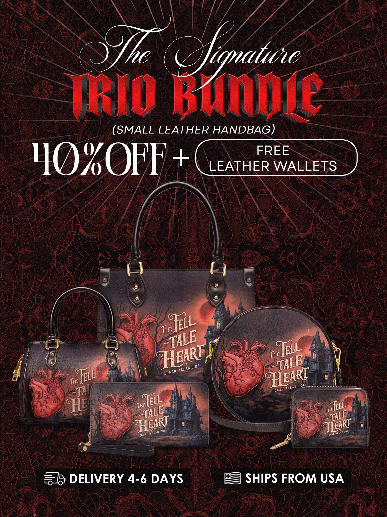 "The Tell-Tale Heart" The Signature Trio Bundle (Small Leather Handbag)