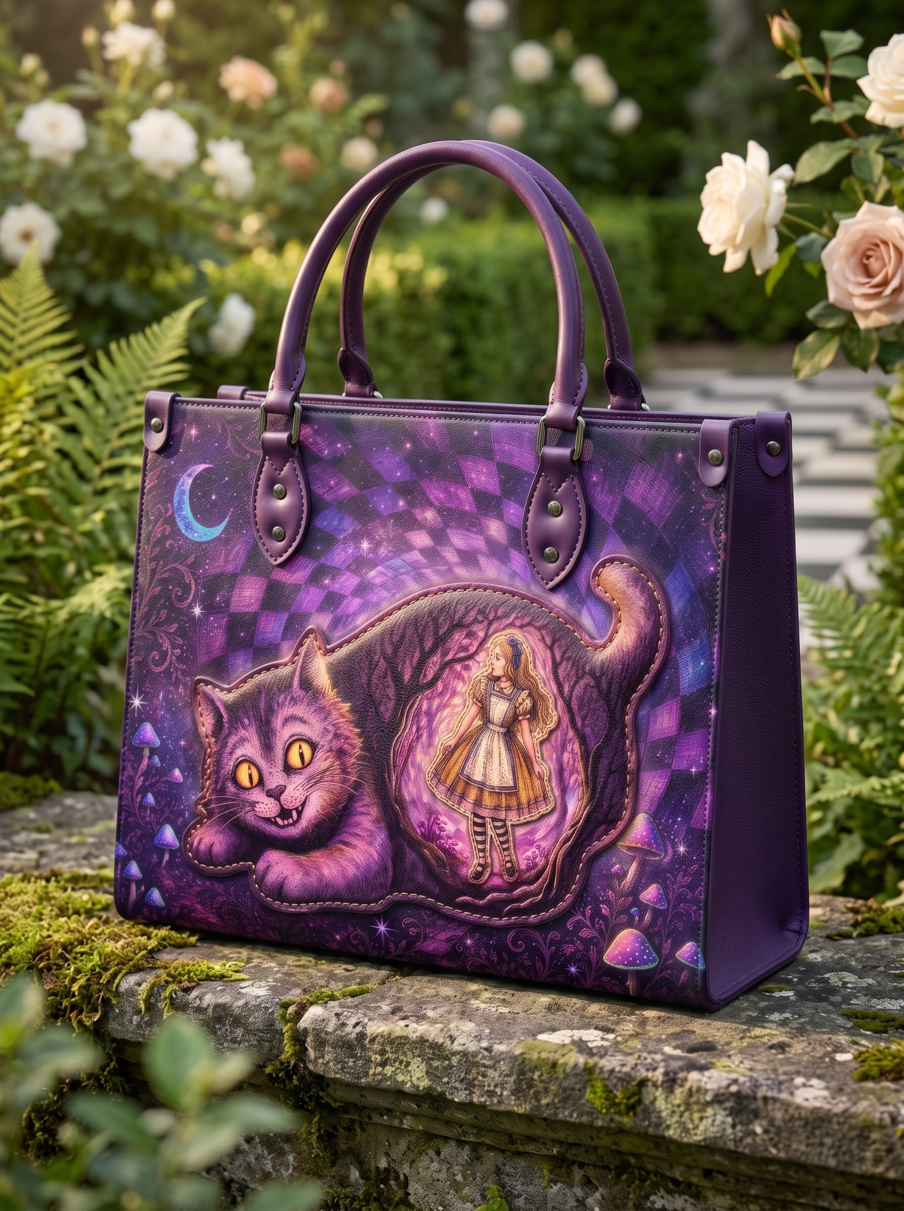 “We're All Mad Here” Applique Leather Handbag