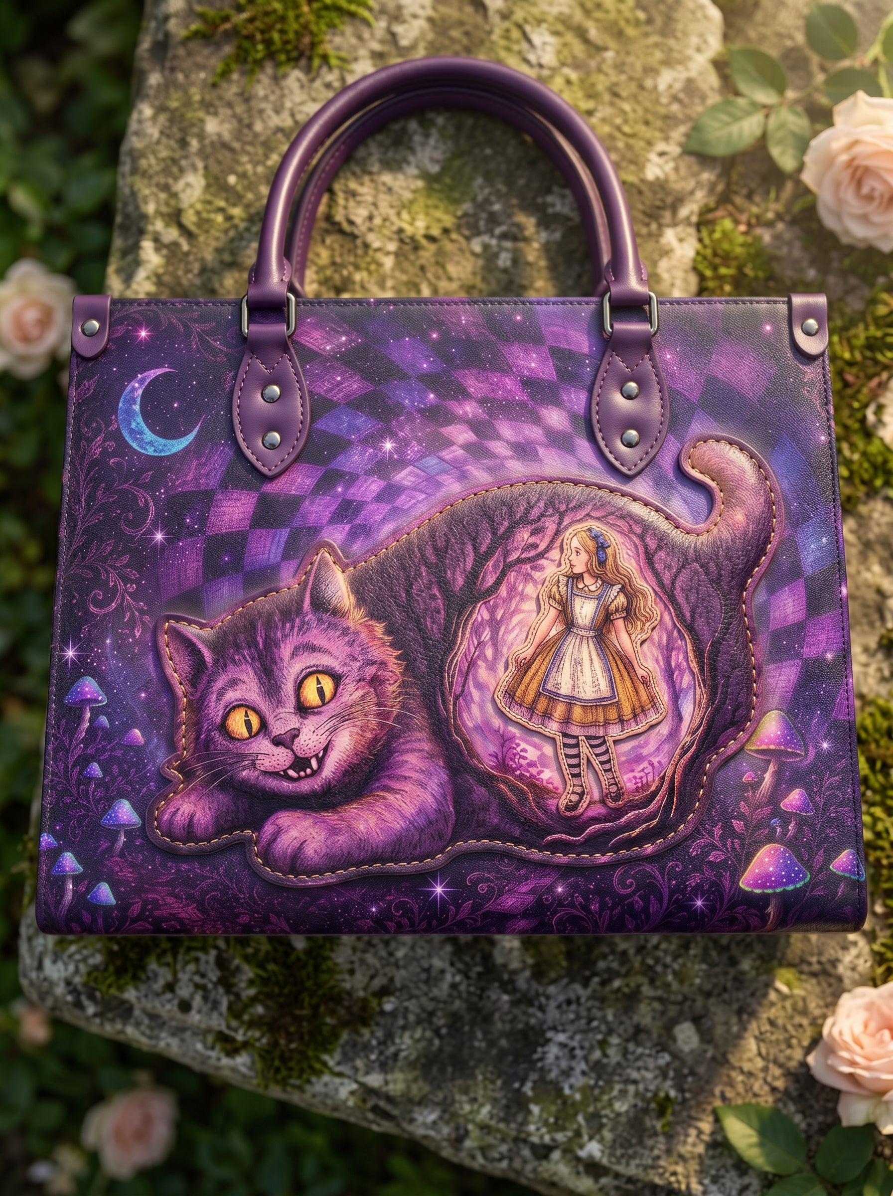 “We're All Mad Here” Applique Leather Handbag