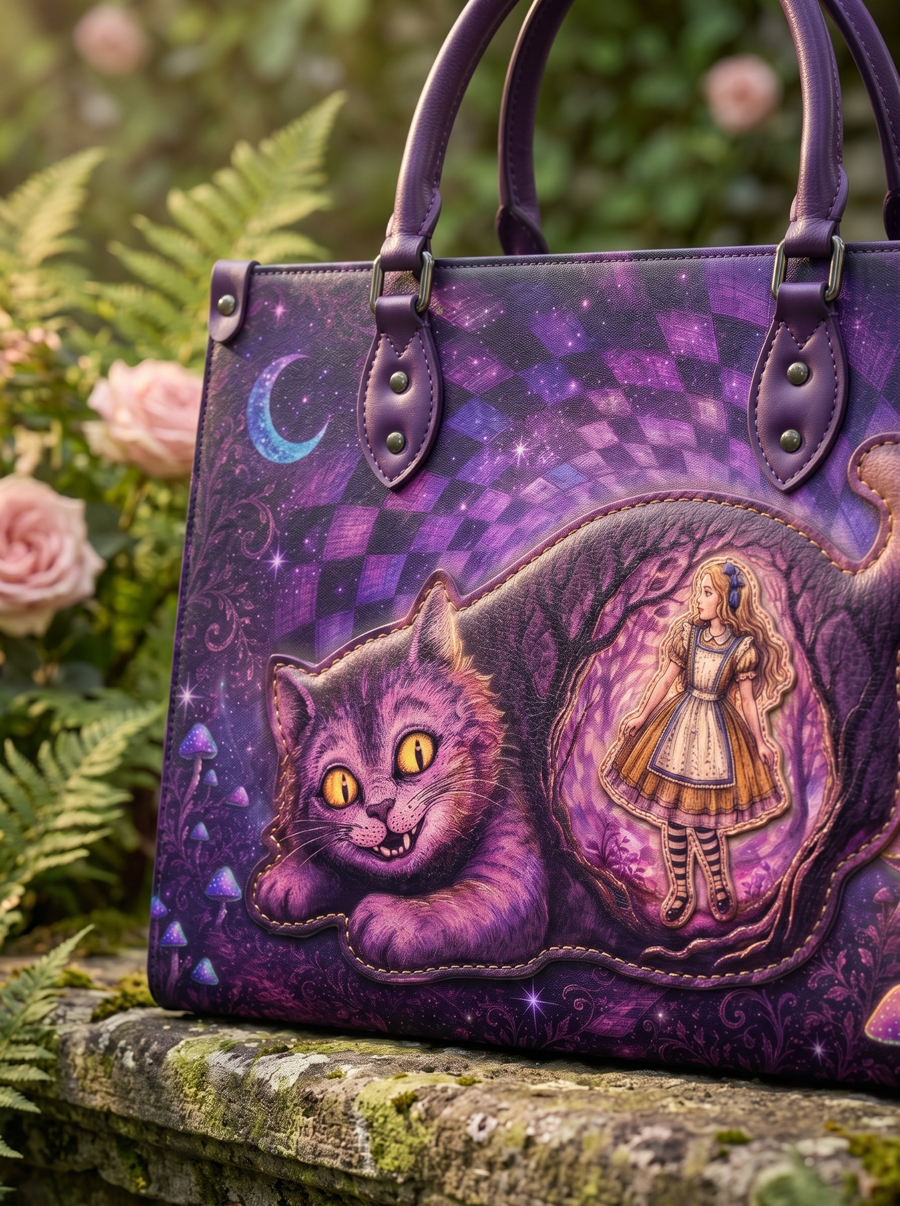 “We're All Mad Here” Applique Leather Handbag