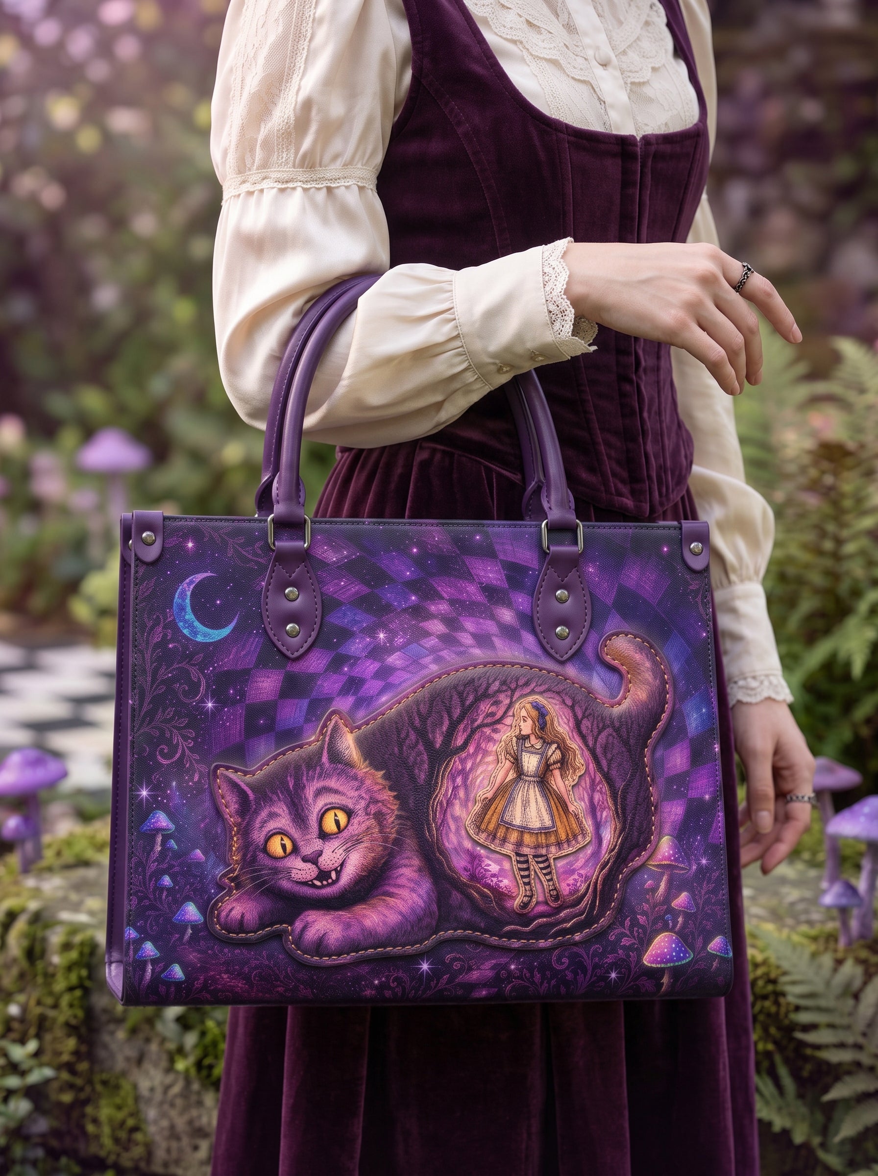 “We're All Mad Here” Applique Leather Handbag